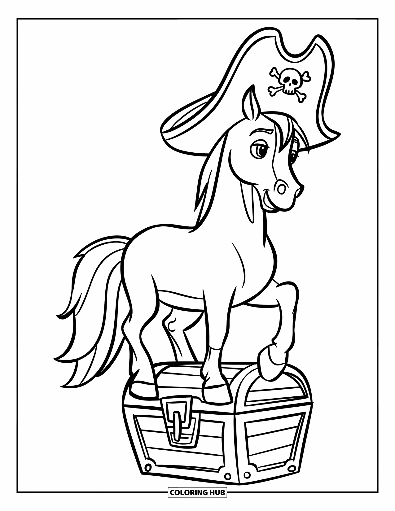 Horse Coloring Page for Kids: A pirate horse stands on a treasure chest with coins spilling out