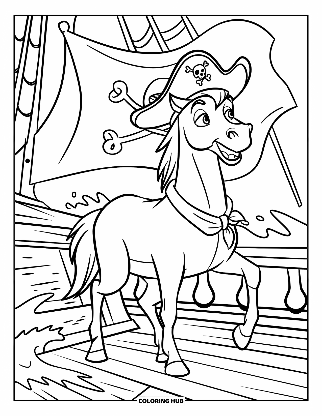 Horse Coloring Page for Kids: A pirate horse stands proudly on a ship deck with waves crashing around