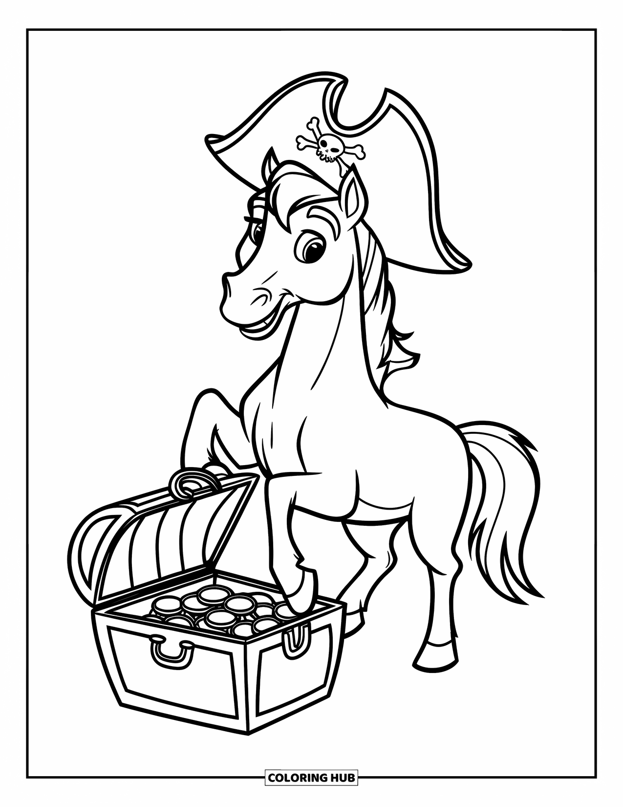 Horse Coloring Page for Kids: A pirate horse with a hat stands proudly on a treasure chest