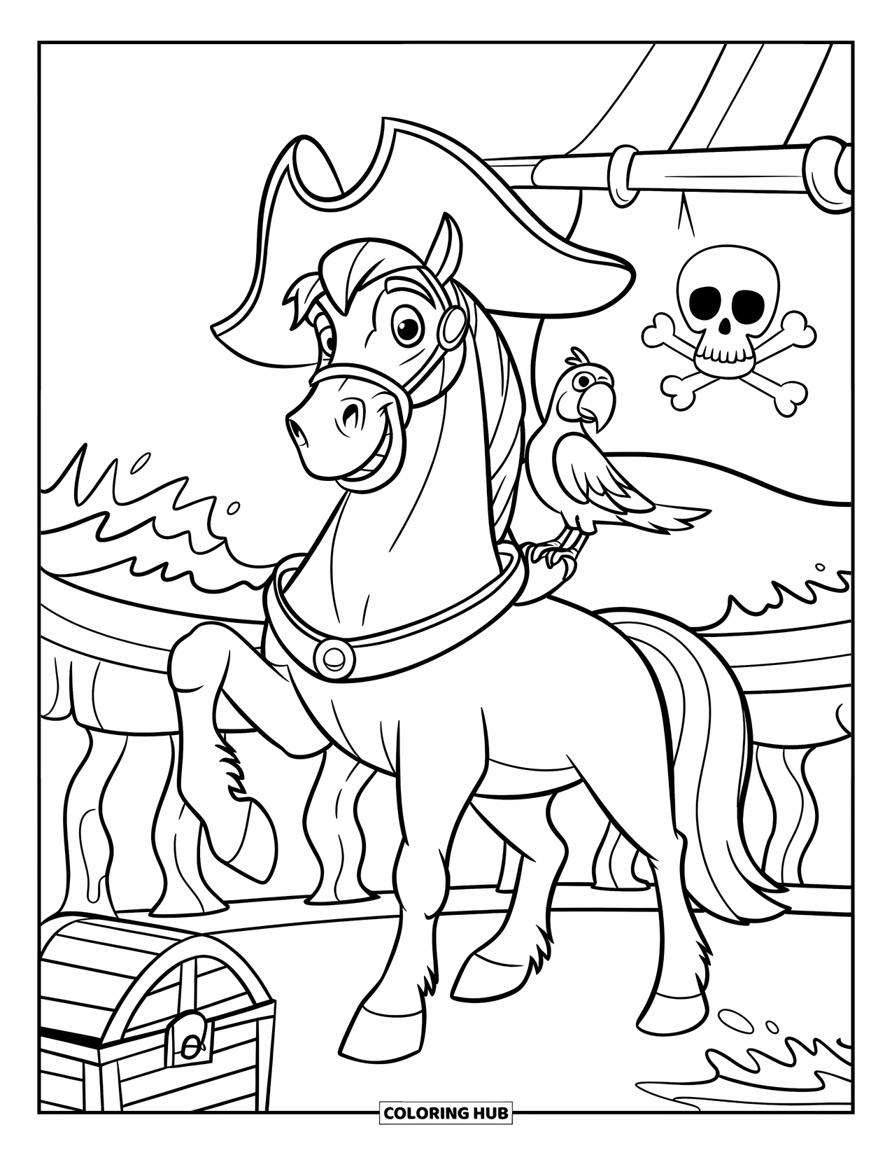Horse Coloring Page for Kids: A pirate horse with a parrot on its shoulder stands on a stormy ship deck
