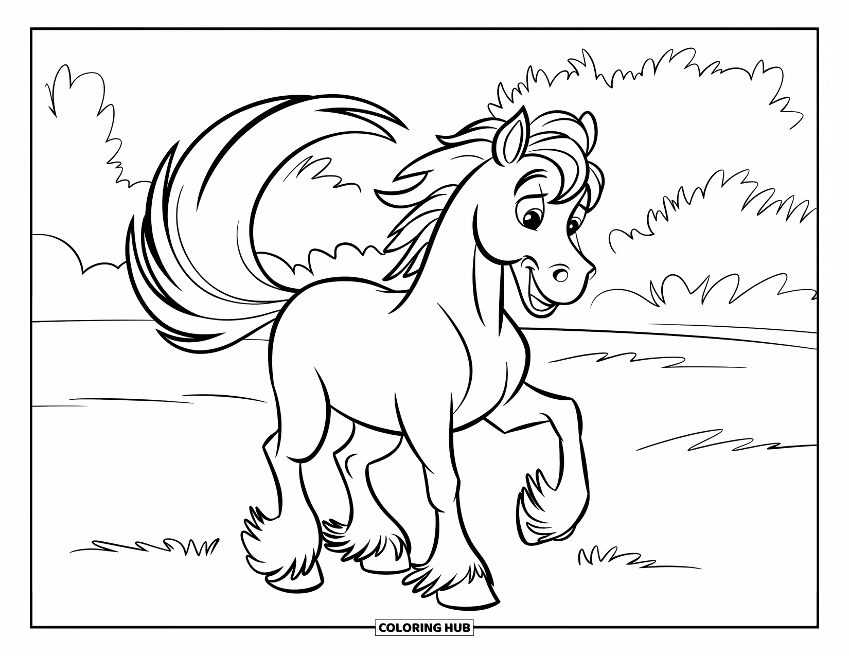 Horse Coloring Page for Kids: A playful horse swishes its oversized tail in a field