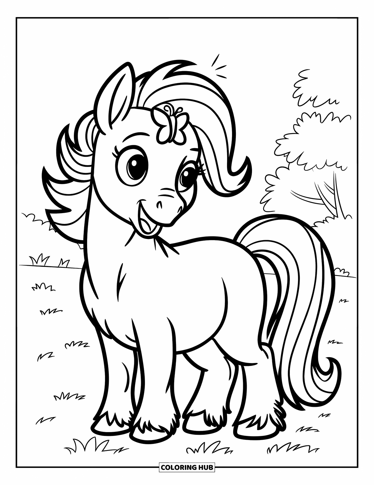 Horse Coloring Page for Kids: A playful horse trots down a path with trees and mountains behind