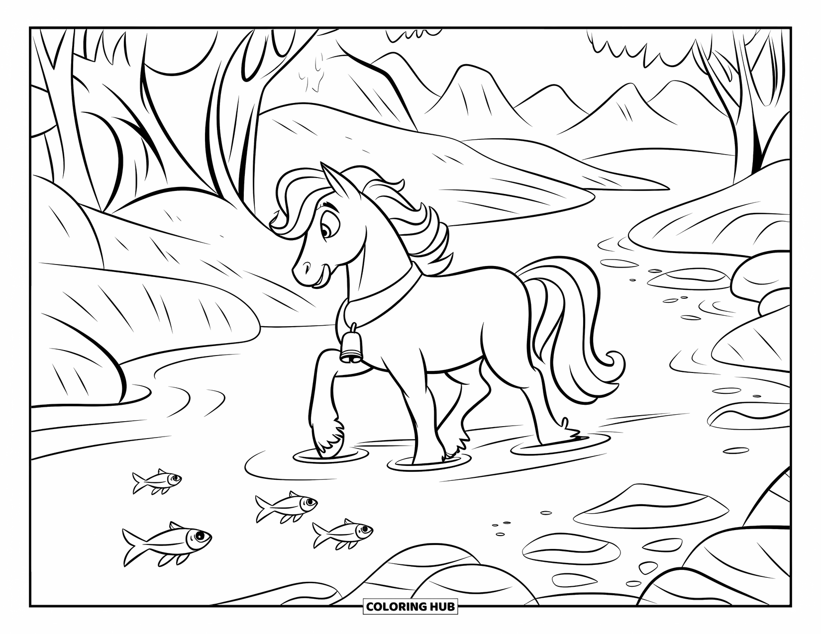 Horse Coloring Page for Kids: A pony crosses a shallow river with small fish swimming around