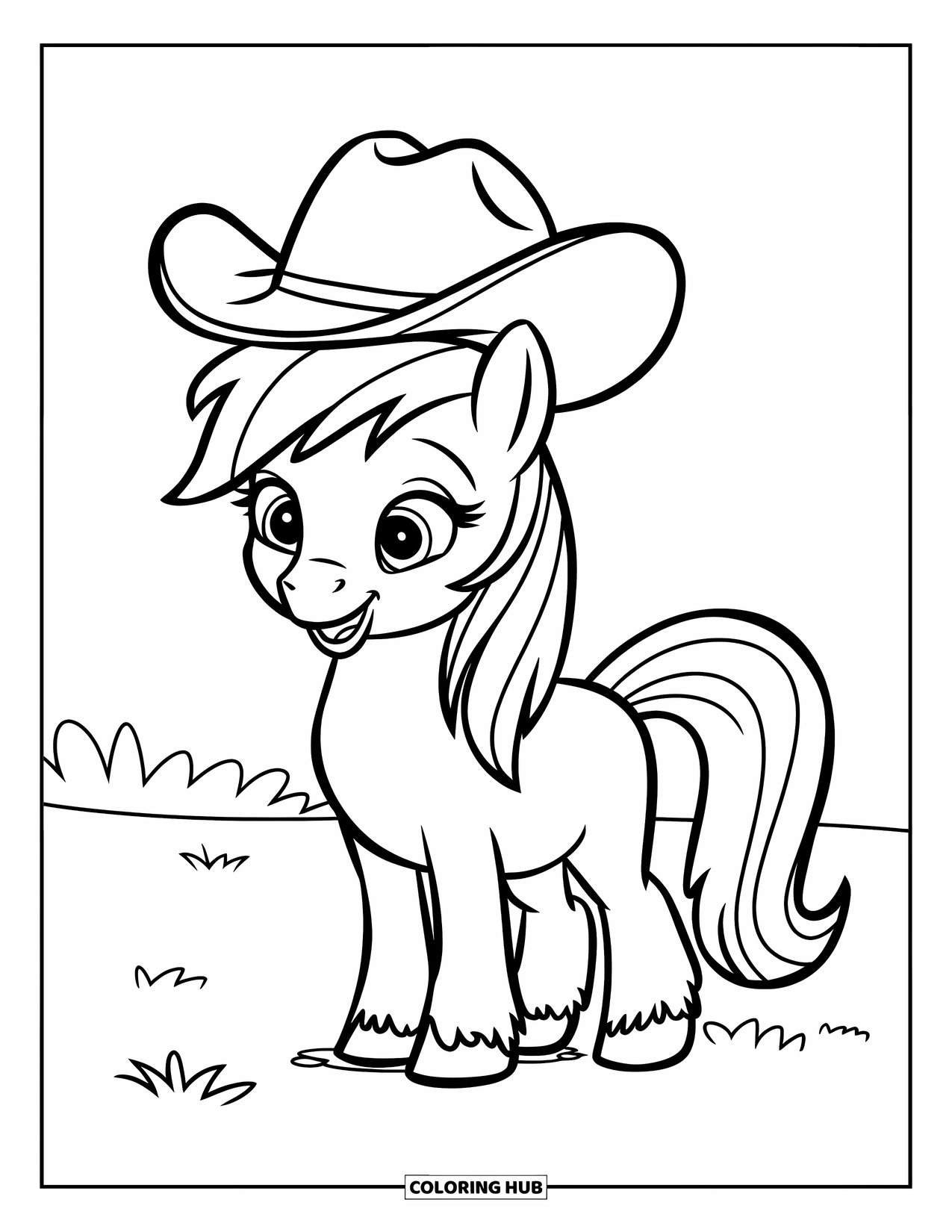 Horse Coloring Page for Kids: A pony in a cowboy hat stands cheerfully on a grassy field