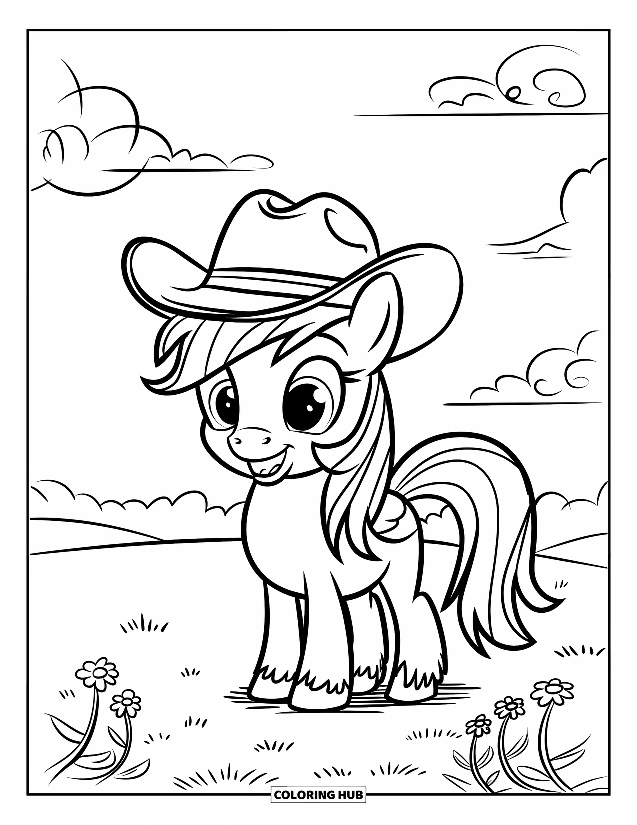 Horse Coloring Page for Kids: A pony in a little cowboy hat stands cheerfully on a field