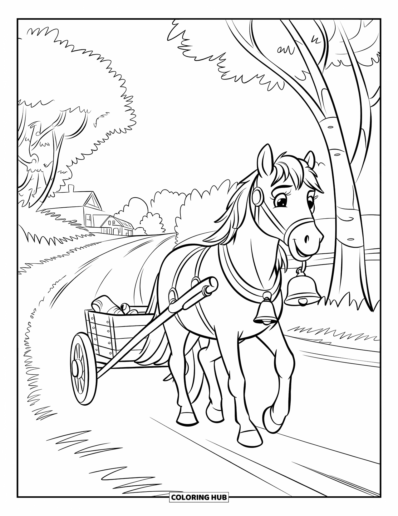 Horse Coloring Page for Kids: A pony pulls a cart down a country road lined with trees
