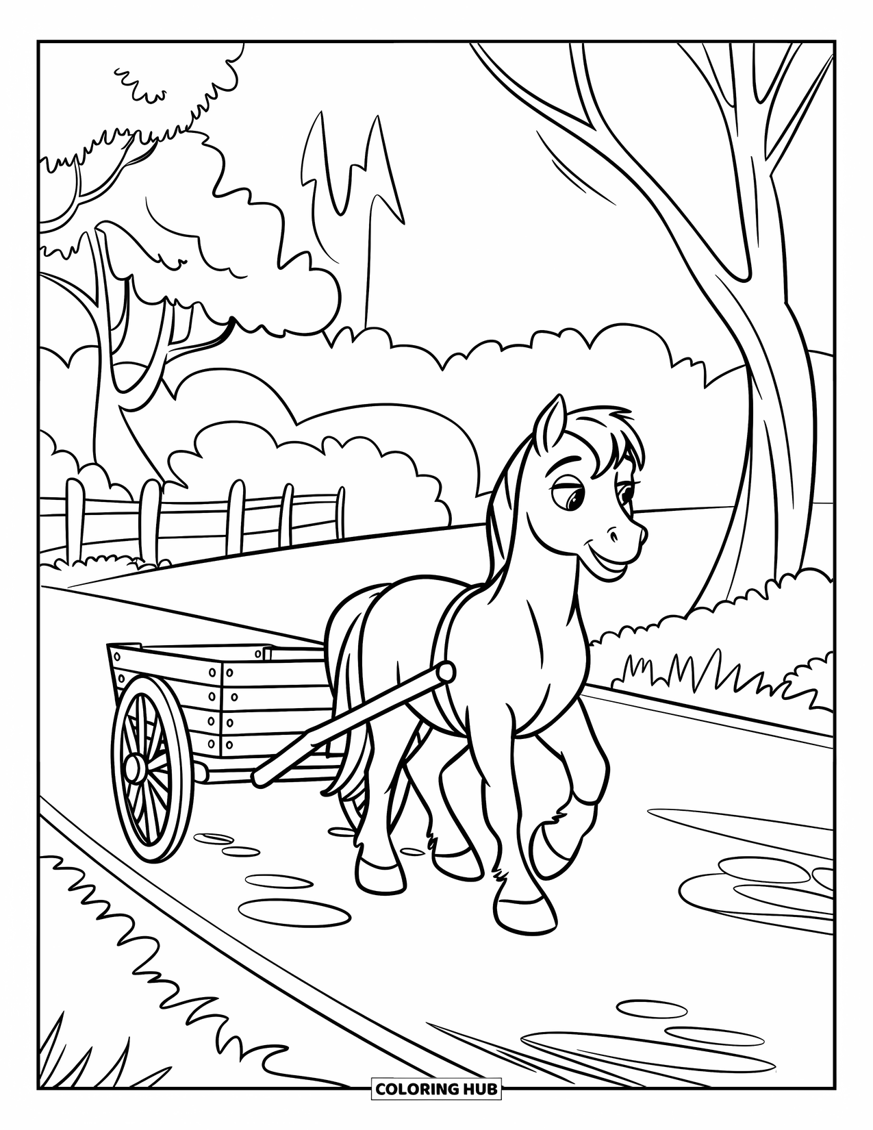 Horse Coloring Page for Kids: A pony pulls a cart down a country road past trees and a house
