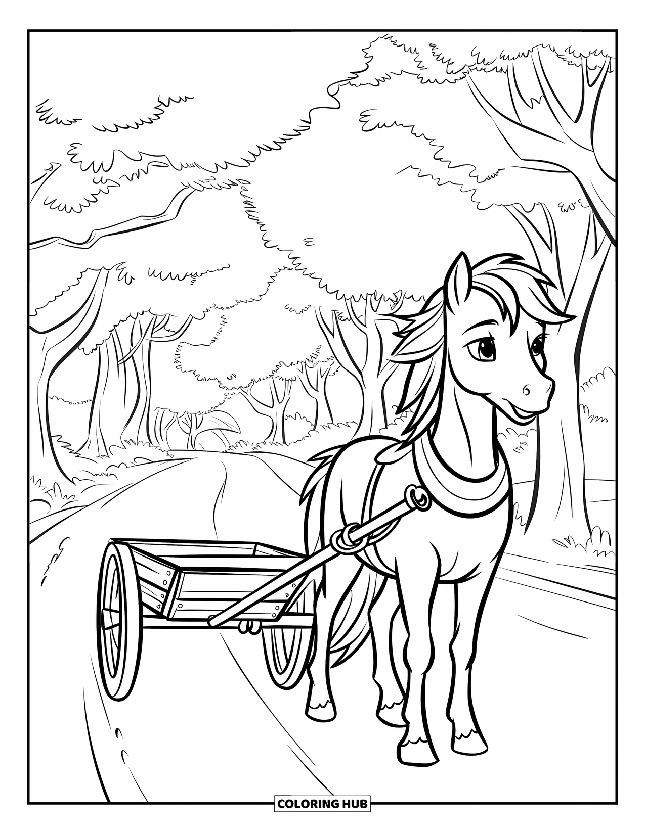 Horse Coloring Page for Kids: A pony pulls a cart down a road with trees and a barn nearby