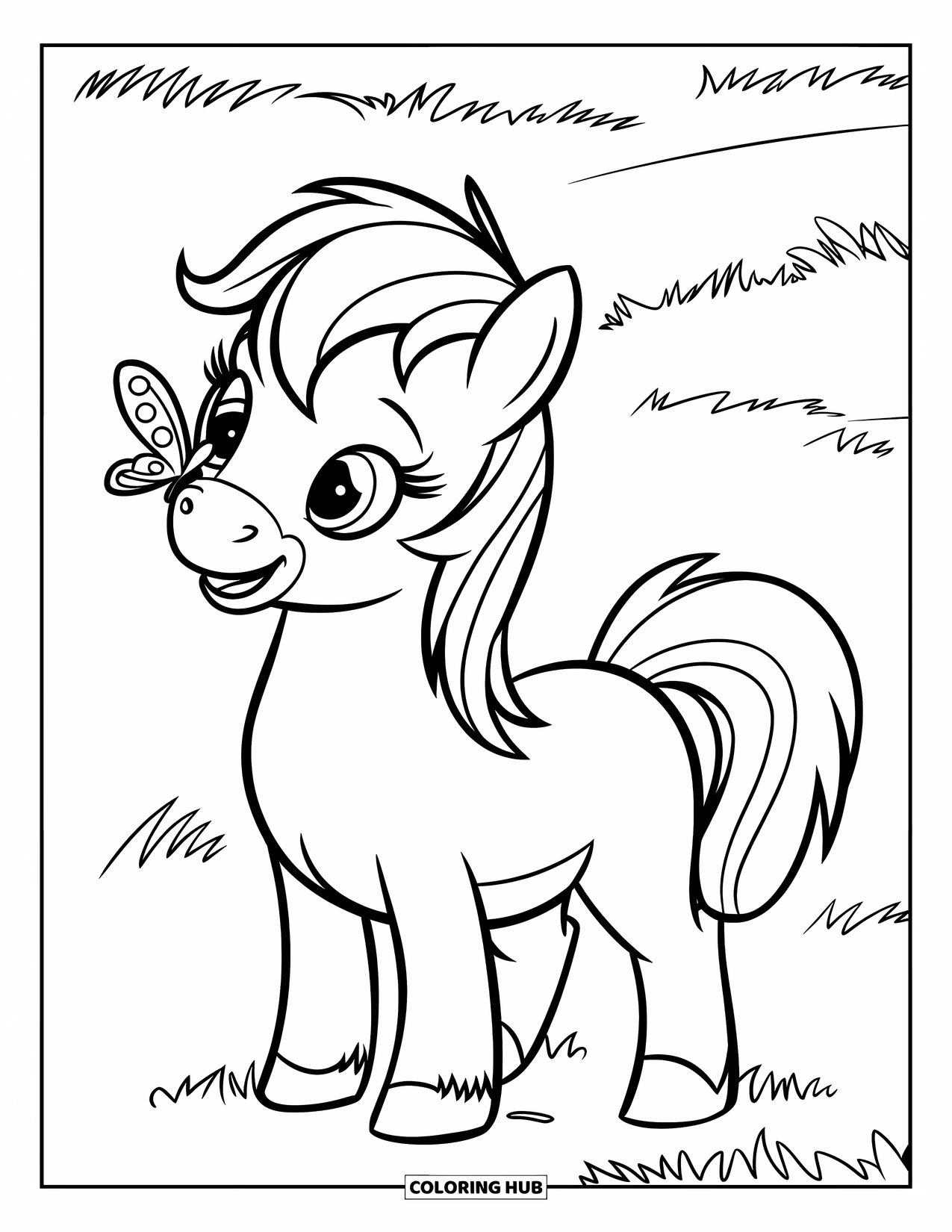 Horse Coloring Page for Kids: A pony smiles with a butterfly on its nose in a grassy field