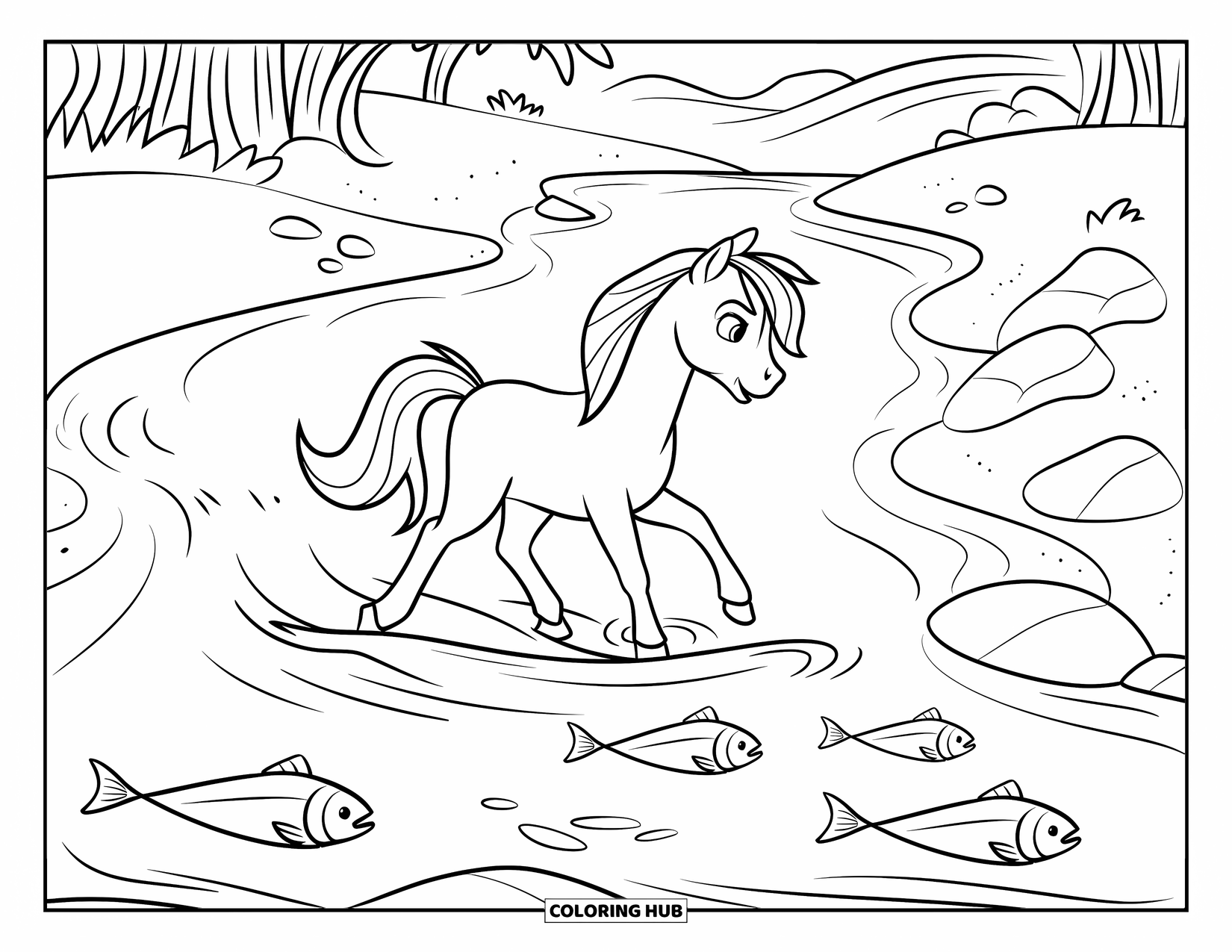 Horse Coloring Page for Kids: A pony walks through a river with fish, surrounded by trees and mountains