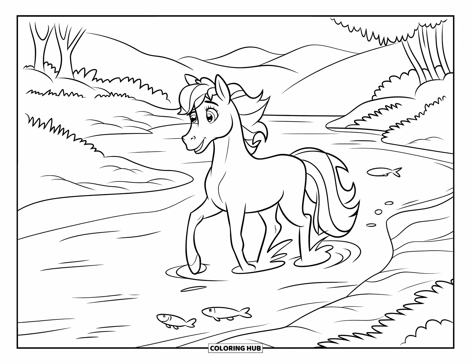 Horse Coloring Page for Kids: A pony with a bell crosses a river with fish and trees nearby