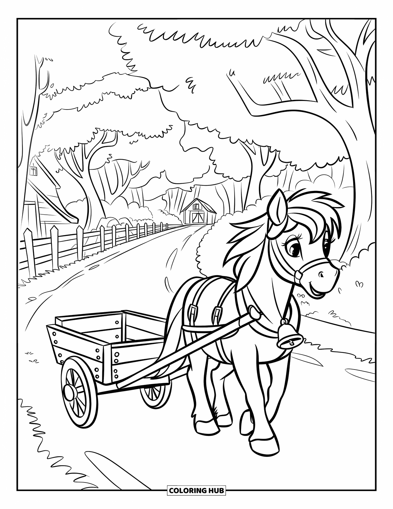 Horse Coloring Page for Kids: A pony with a bell pulls a wooden cart along a tree-lined path