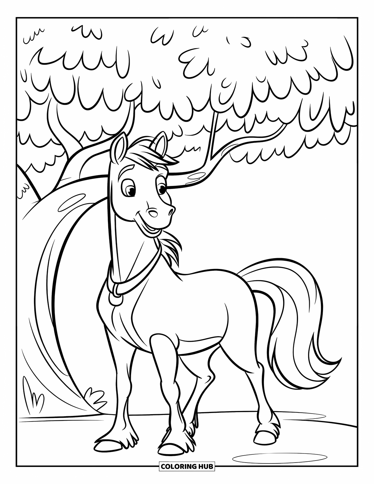 Horse Coloring Page for Kids: A pony with a cheerful expression stands with a butterfly on its nose