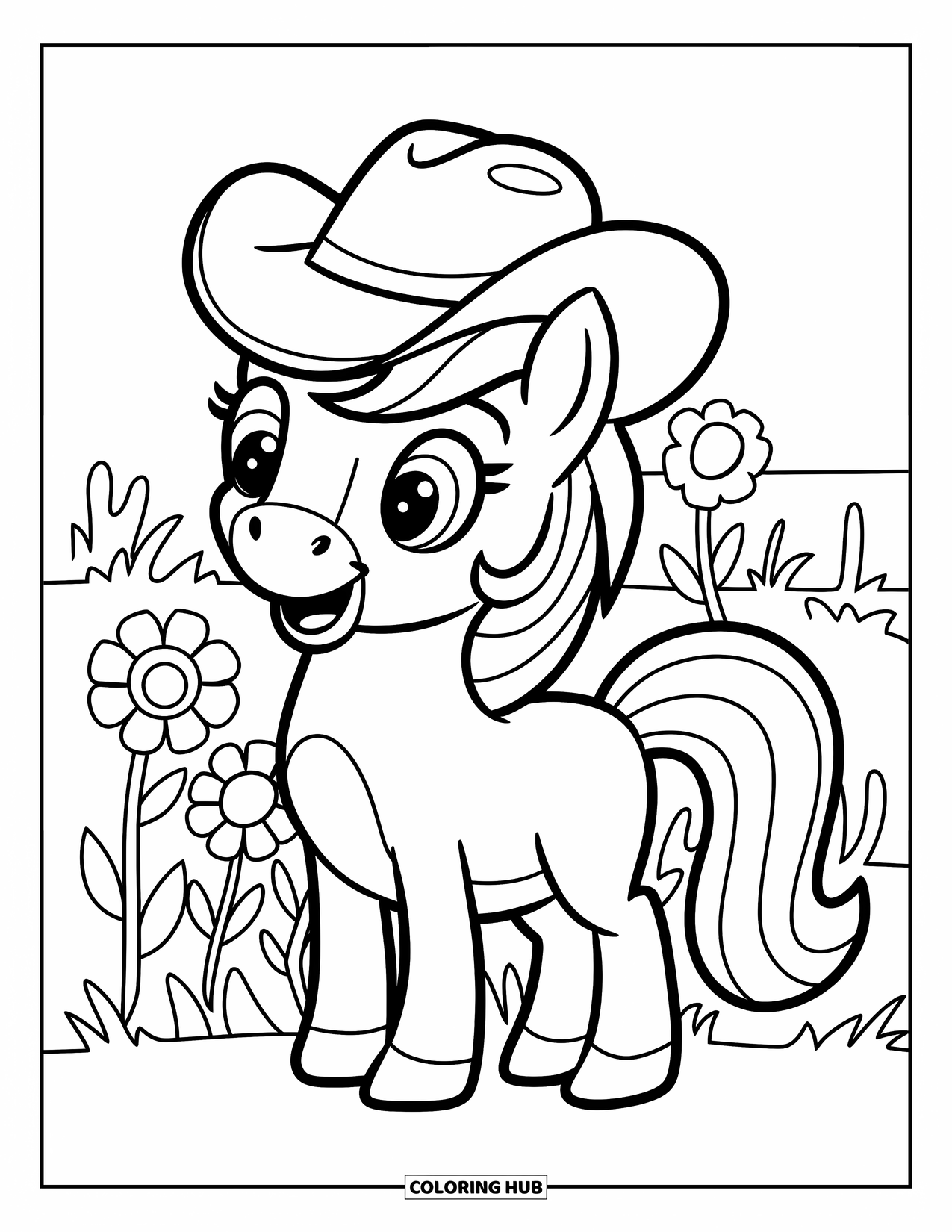 Horse Coloring Page for Kids: A pony with a cowboy hat stands happily on a grassy field