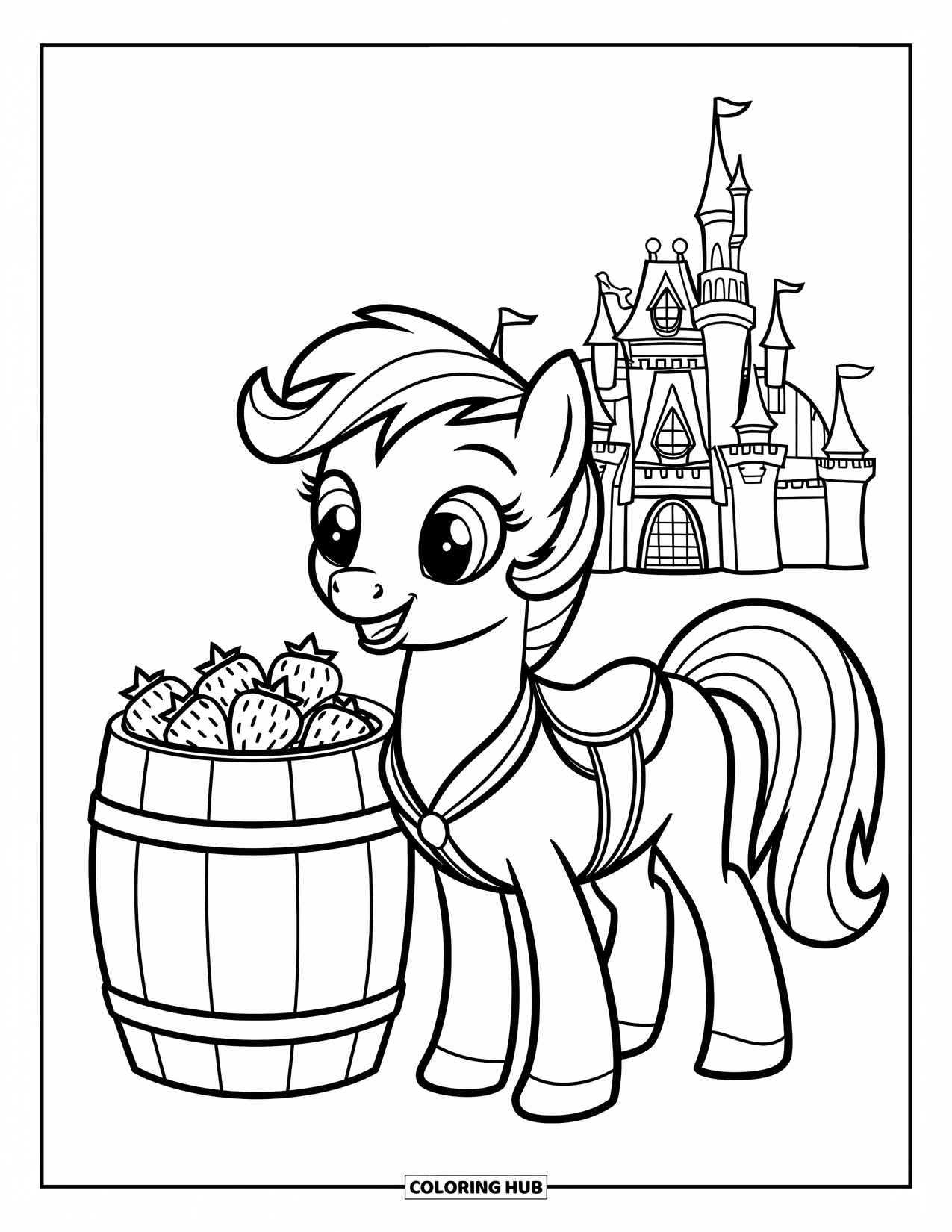 Horse Coloring Page for Kids: A pony with a saddle smiles near a barrel of strawberries