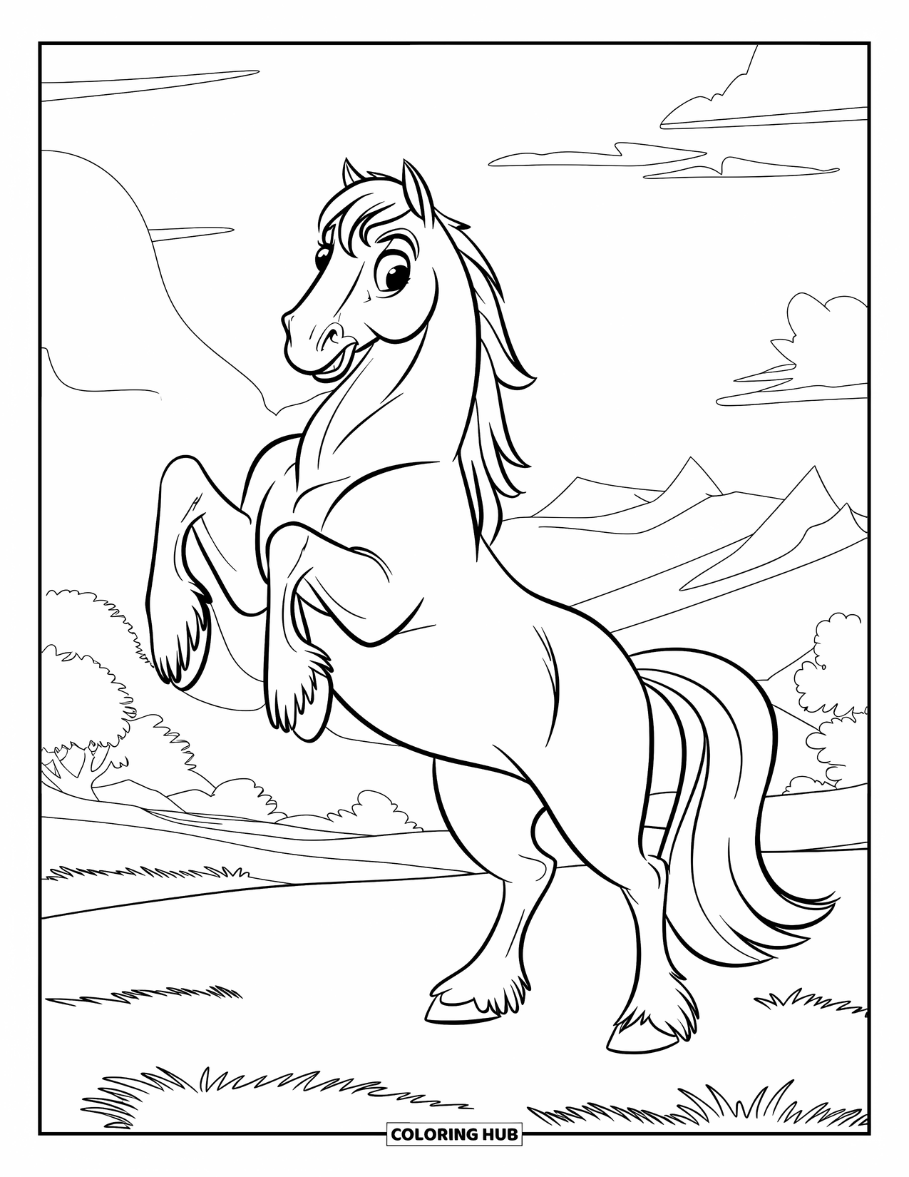 Horse Coloring Page for Kids: A powerful horse rears up on a grassy field with clouds above