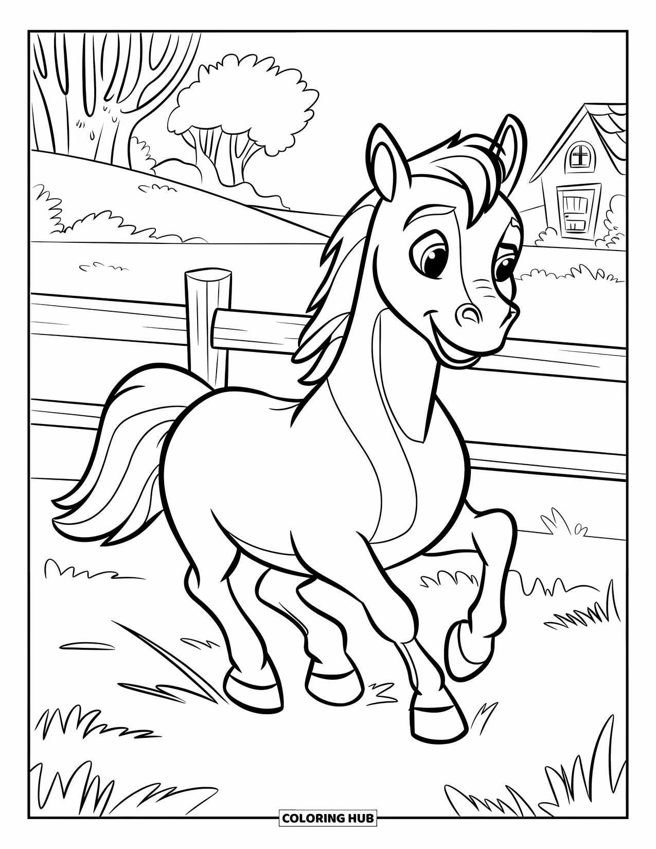 Horse Coloring Page for Kids: A short, happy horse runs through a meadow with a cheerful expression