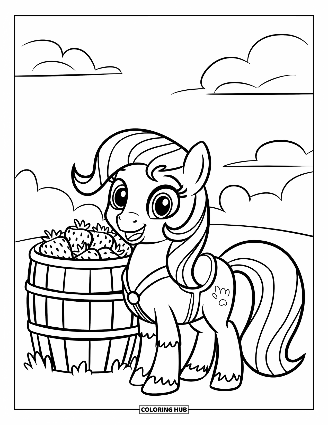 Horse Coloring Page for Kids: A smiling pony with a saddle stands by a barrel of strawberries