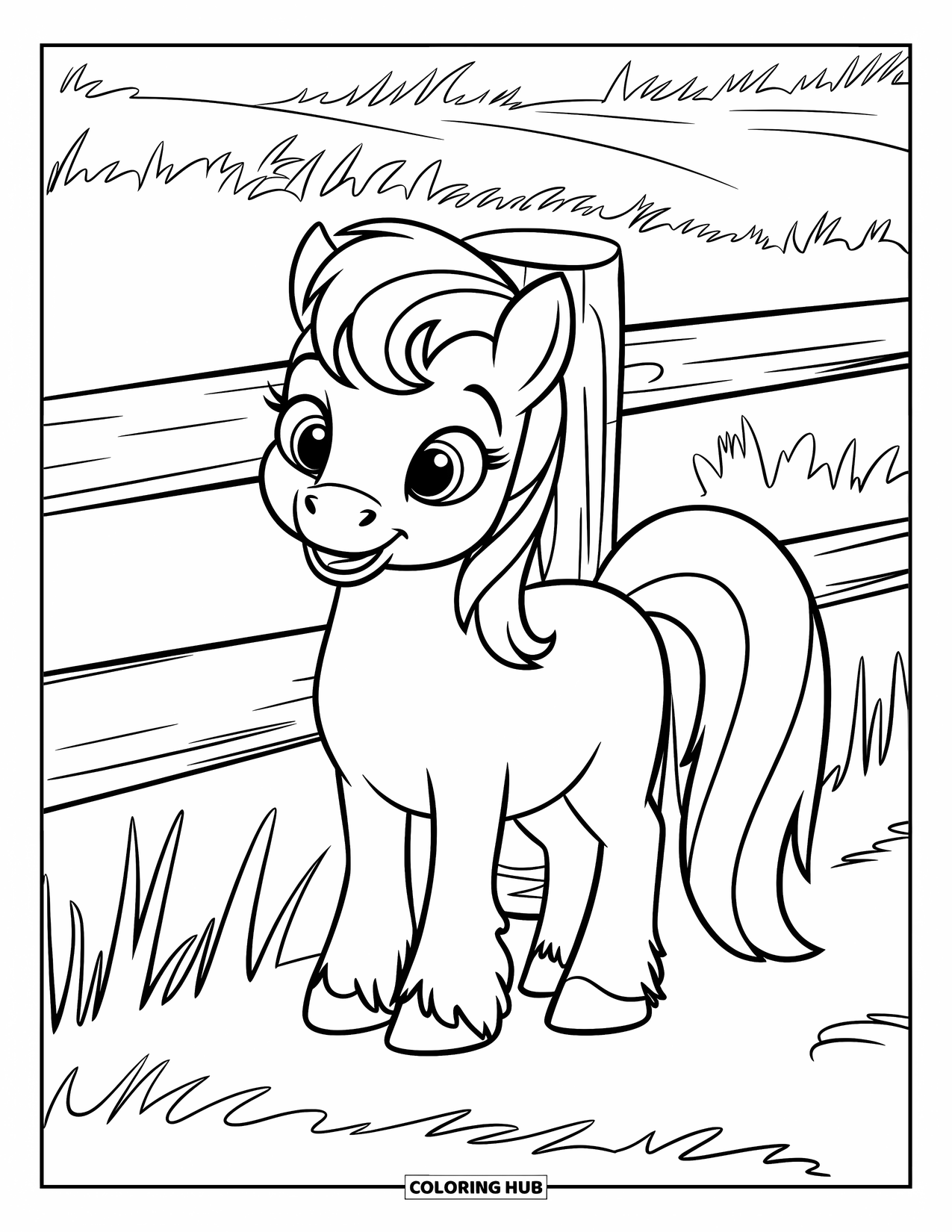 Horse Coloring Page for Kids: A smiling pony with short legs stands by a wooden fence