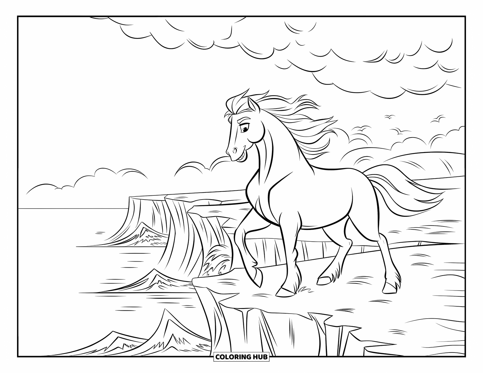 Horse Coloring Page for Kids: A stallion stands boldly on a cliff as waves crash below