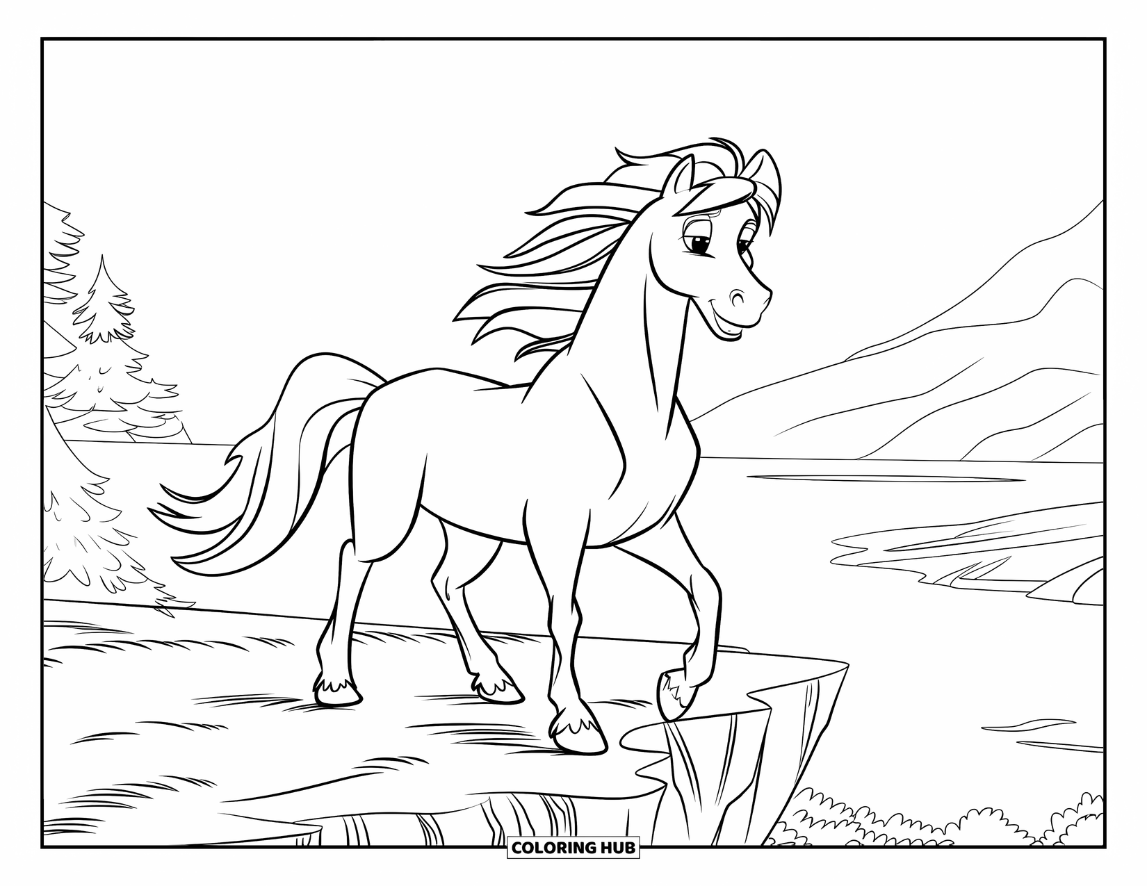 Horse Coloring Page for Kids: A stallion stands on a cliff with its mane blowing in the wind