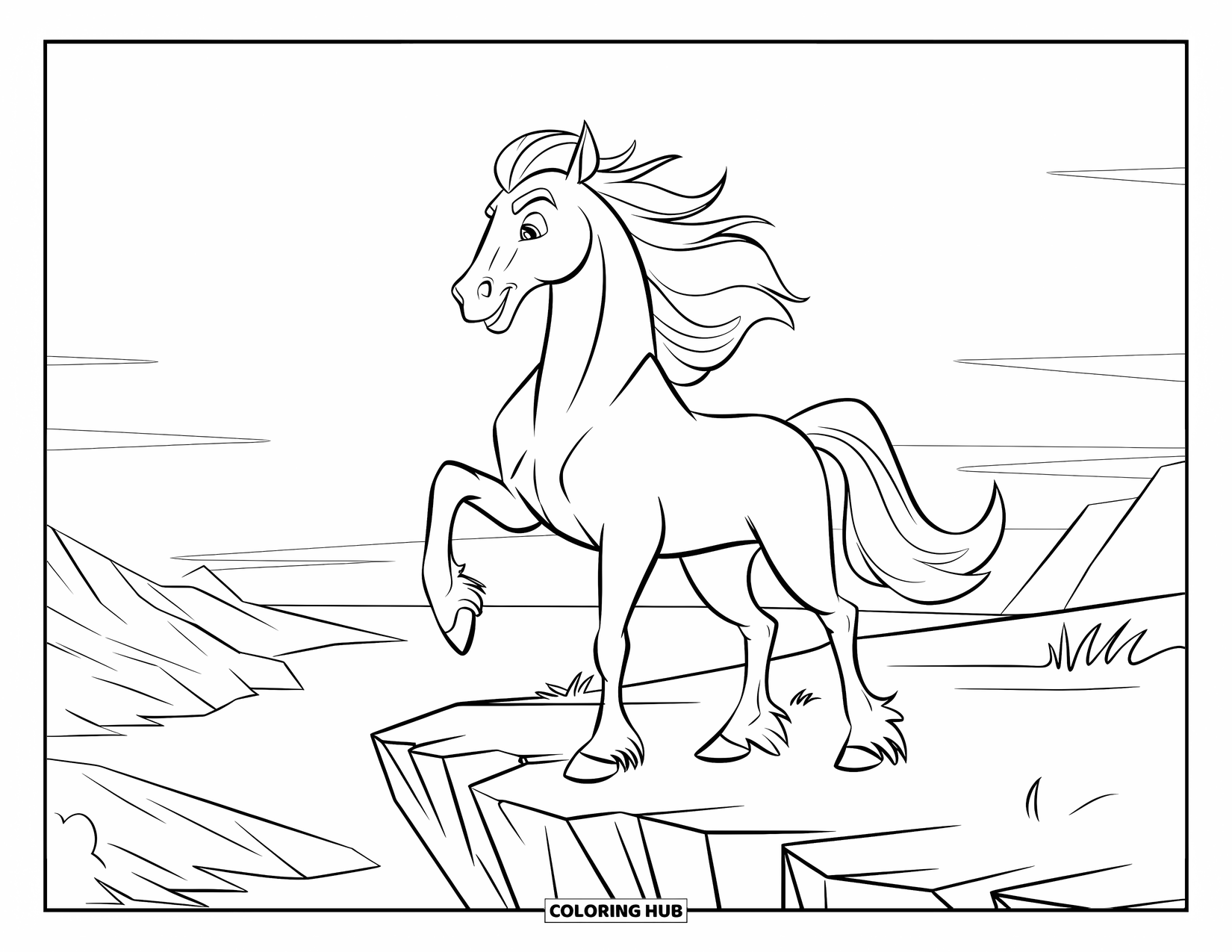 Horse Coloring Page for Kids: A stallion stands proudly on a cliff with the wind in its mane