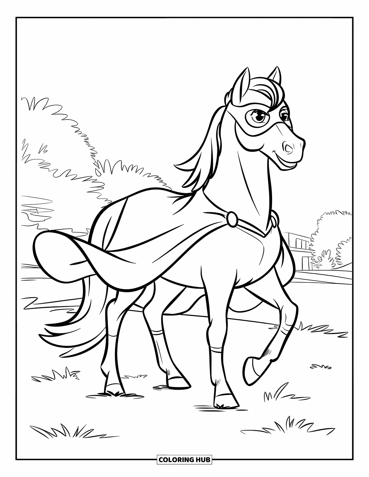 Horse Coloring Page for Kids: A superhero horse in a cape and mask stands boldly on a grassy field