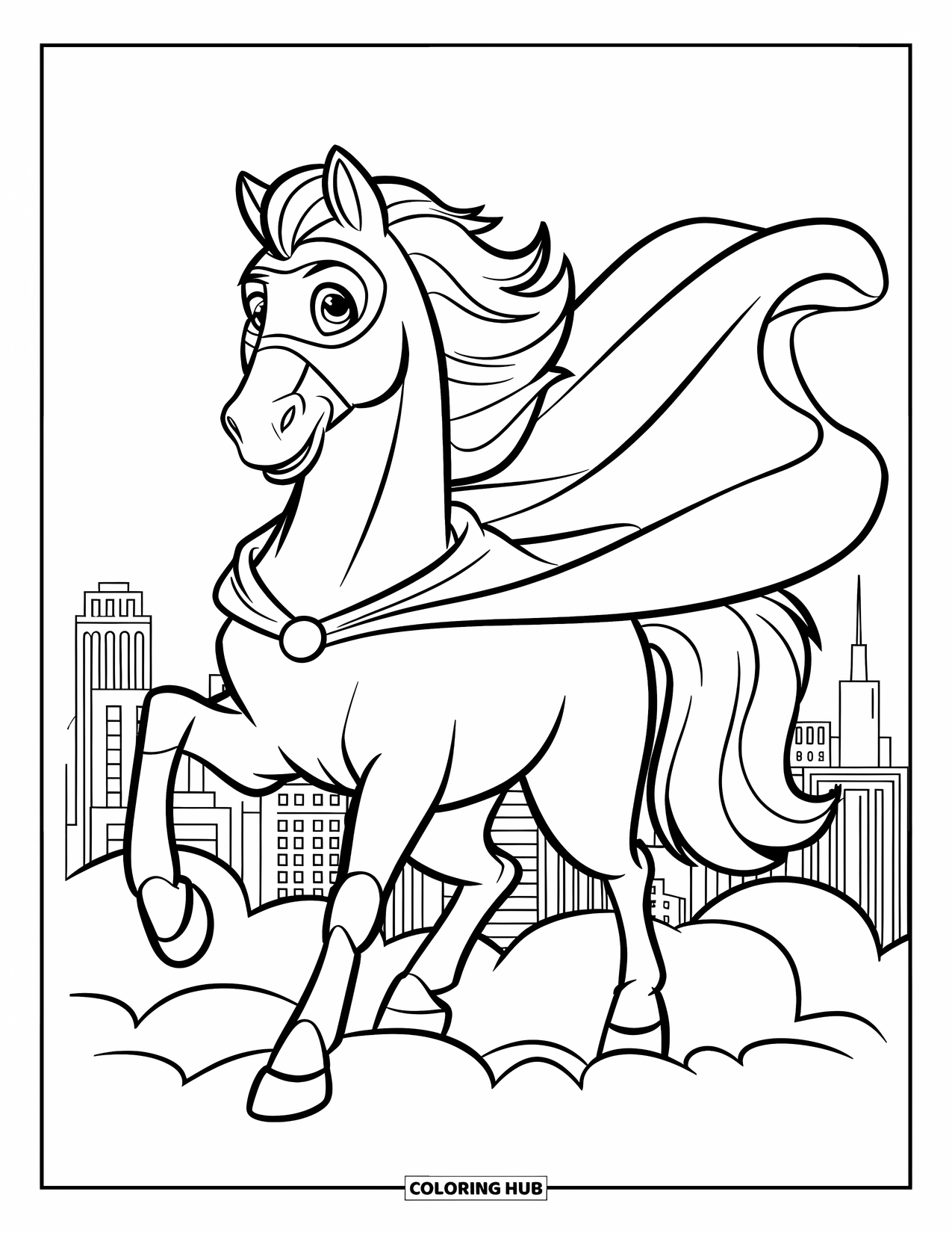 Horse Coloring Page for Kids: A superhero horse with a cape stands on a cloud over a city
