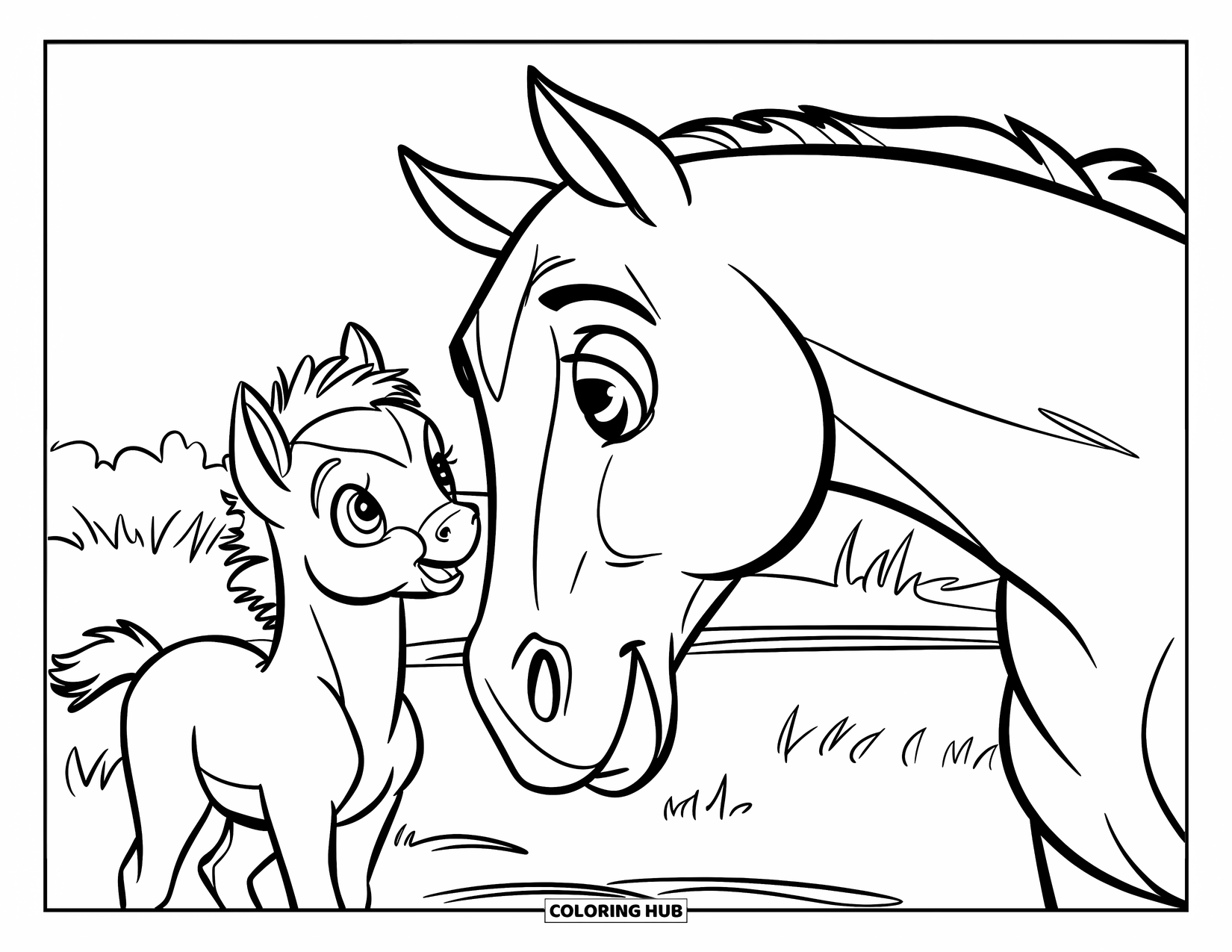 Horse Coloring Page for Kids: A tiny foal stands beside a bigger horse, looking up curiously