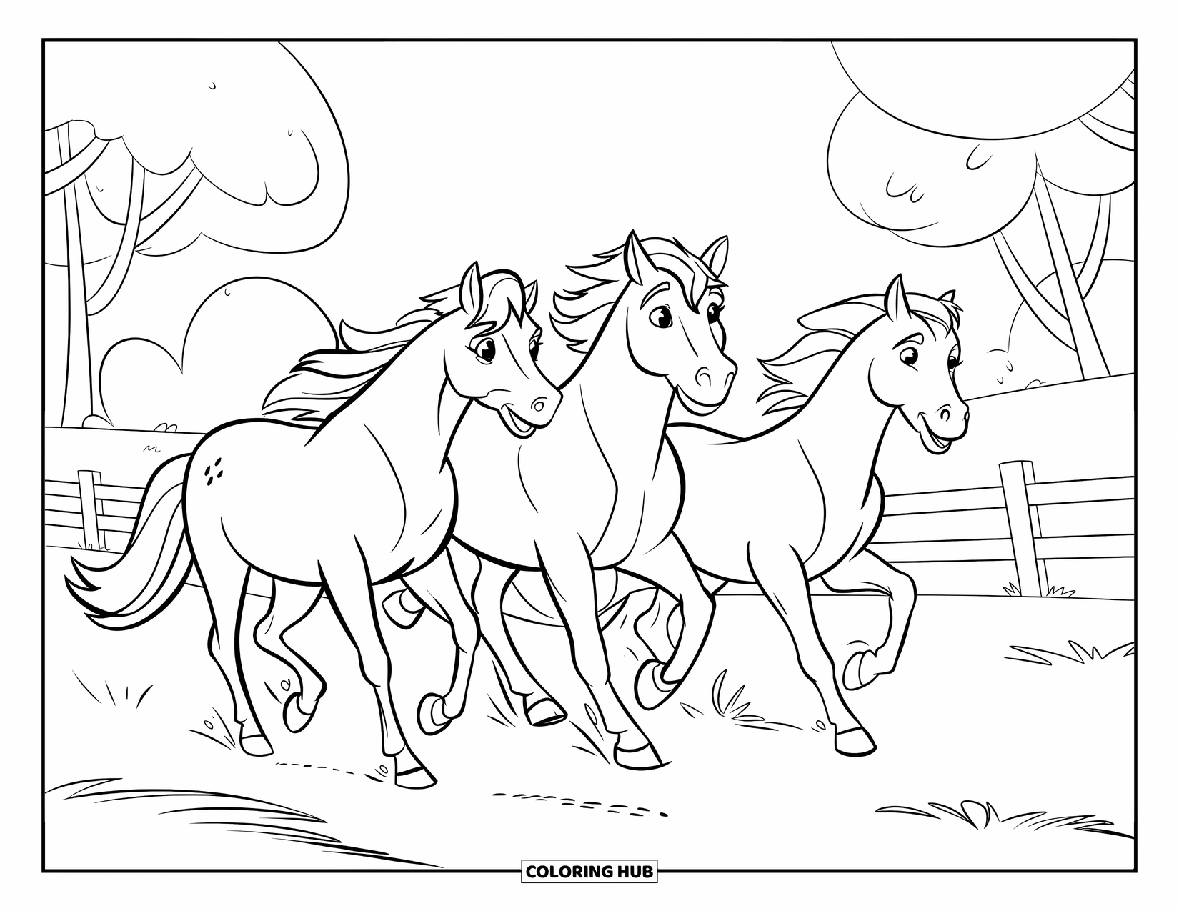 Horse Coloring Page for Kids: A trio of horses runs freely in a field with a fence and trees