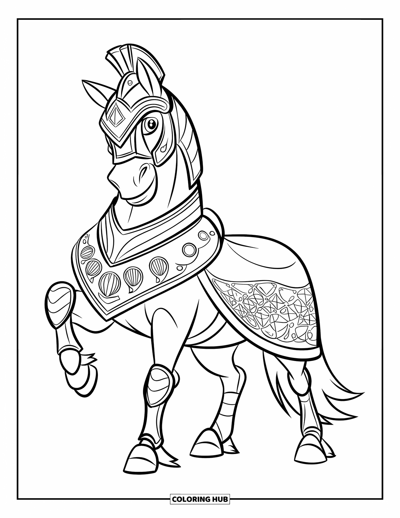 Horse Coloring Page for Kids: A warhorse in armor stands firmly, its eyes bright and alert