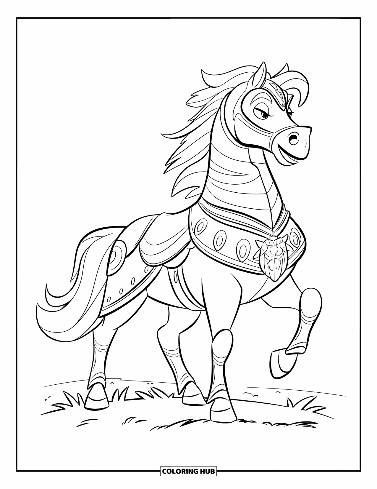 Horse Coloring Page for Kids: A warhorse stands proudly in detailed armor on a grassy field