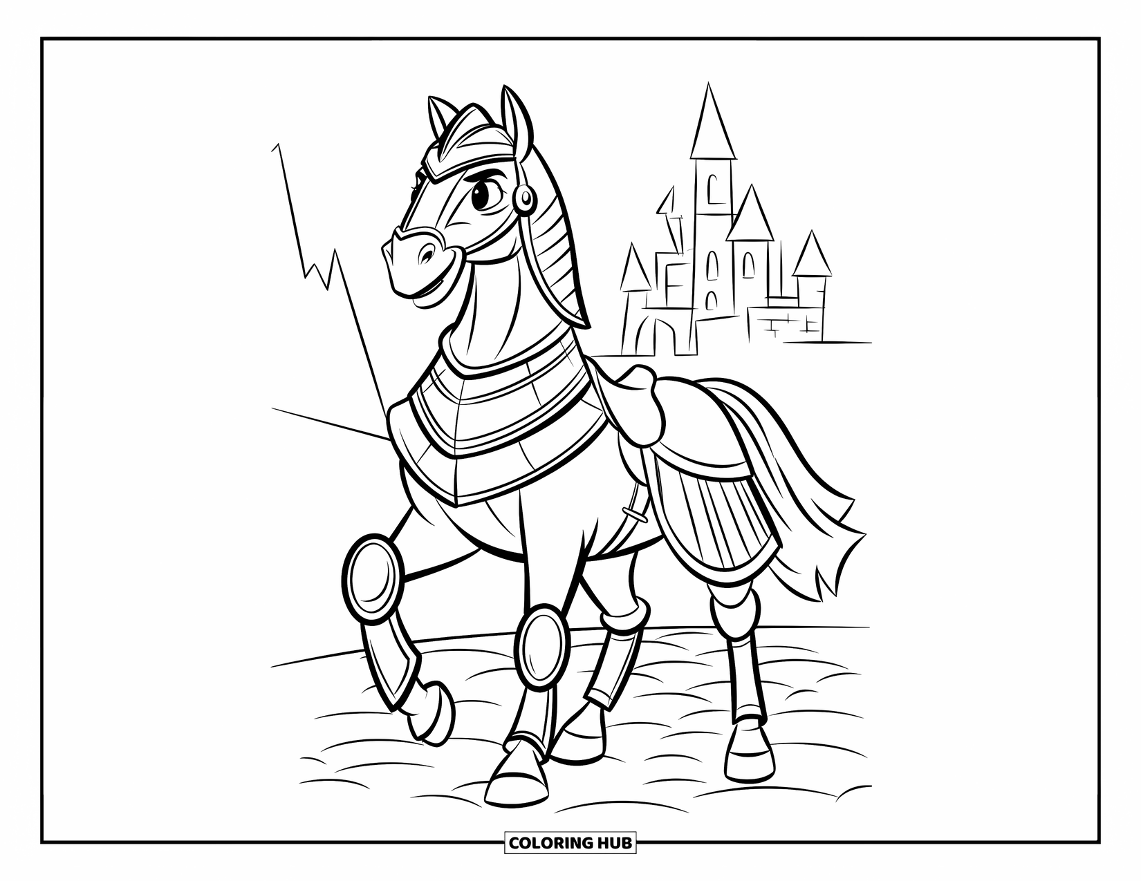 Horse Coloring Page for Kids: A warrior horse in armor stands firmly on a cobblestone path by a castle