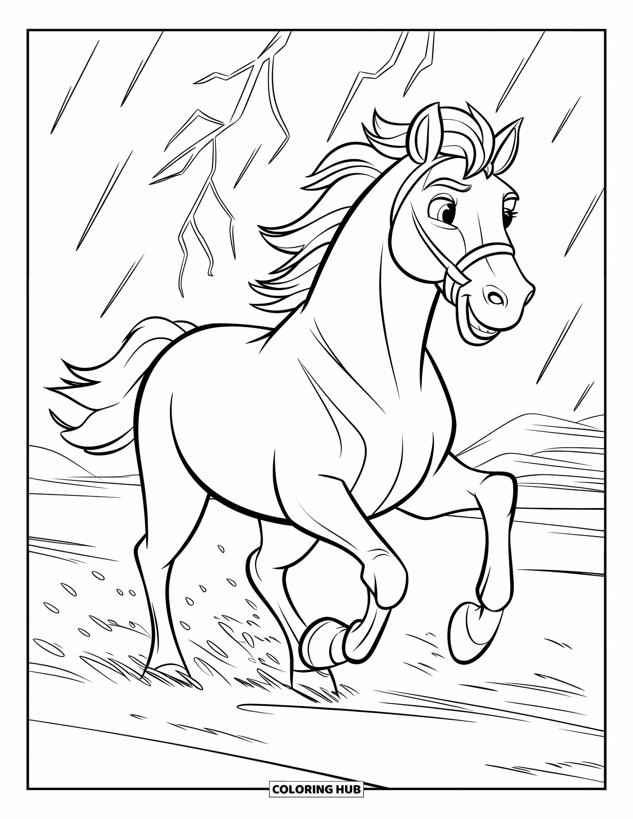 Horse Coloring Page for Kids: A wild horse gallops through a storm with lightning flashing in the sky