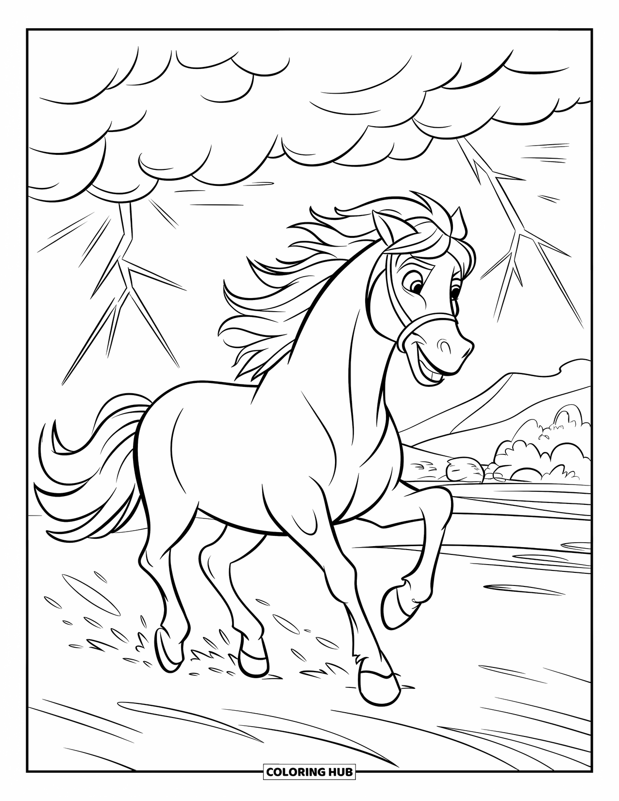 Horse Coloring Page for Kids: A wild horse runs through a storm, lightning flashing above a distant landscape