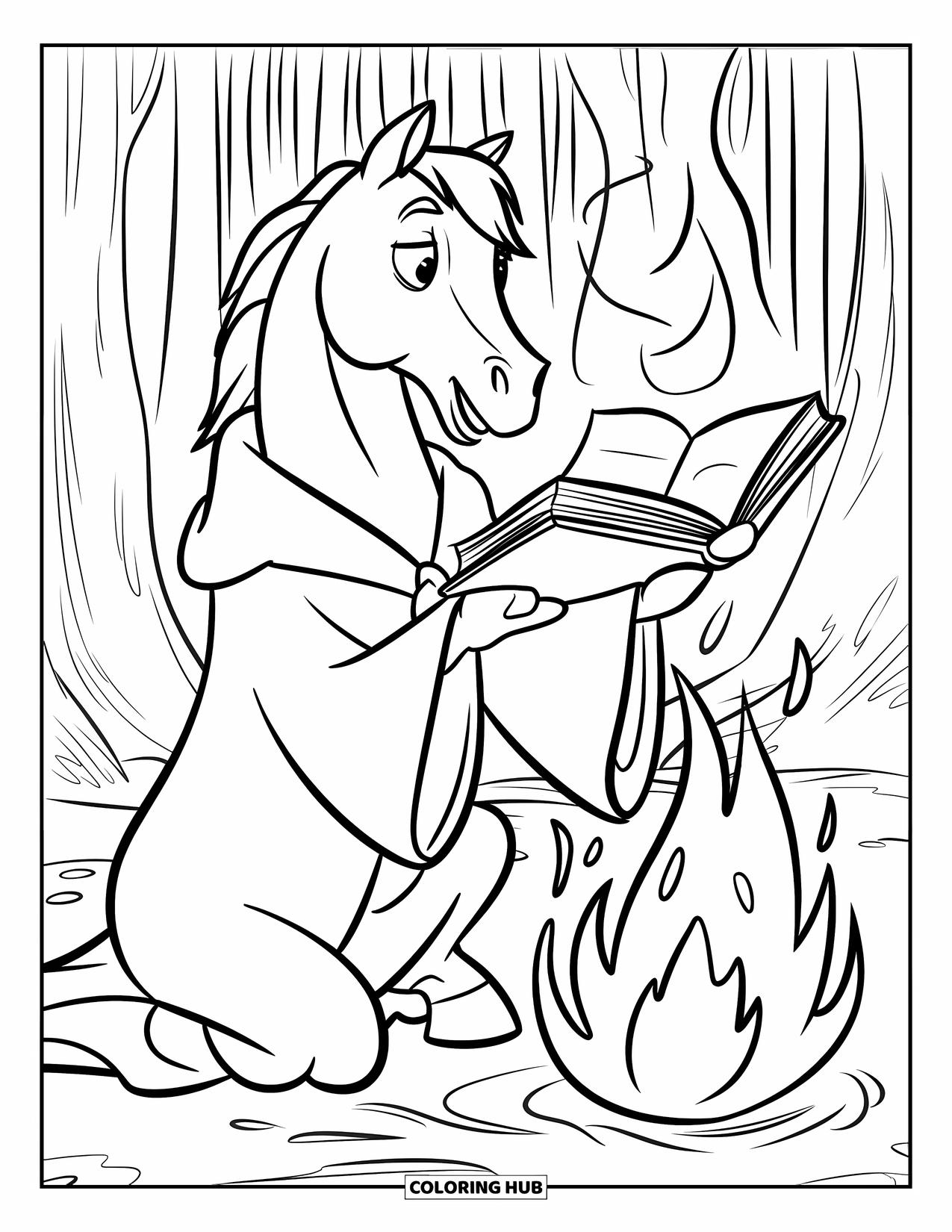 Horse Coloring Page for Kids: A wizard horse reads a spellbook in a robe, surrounded by trees