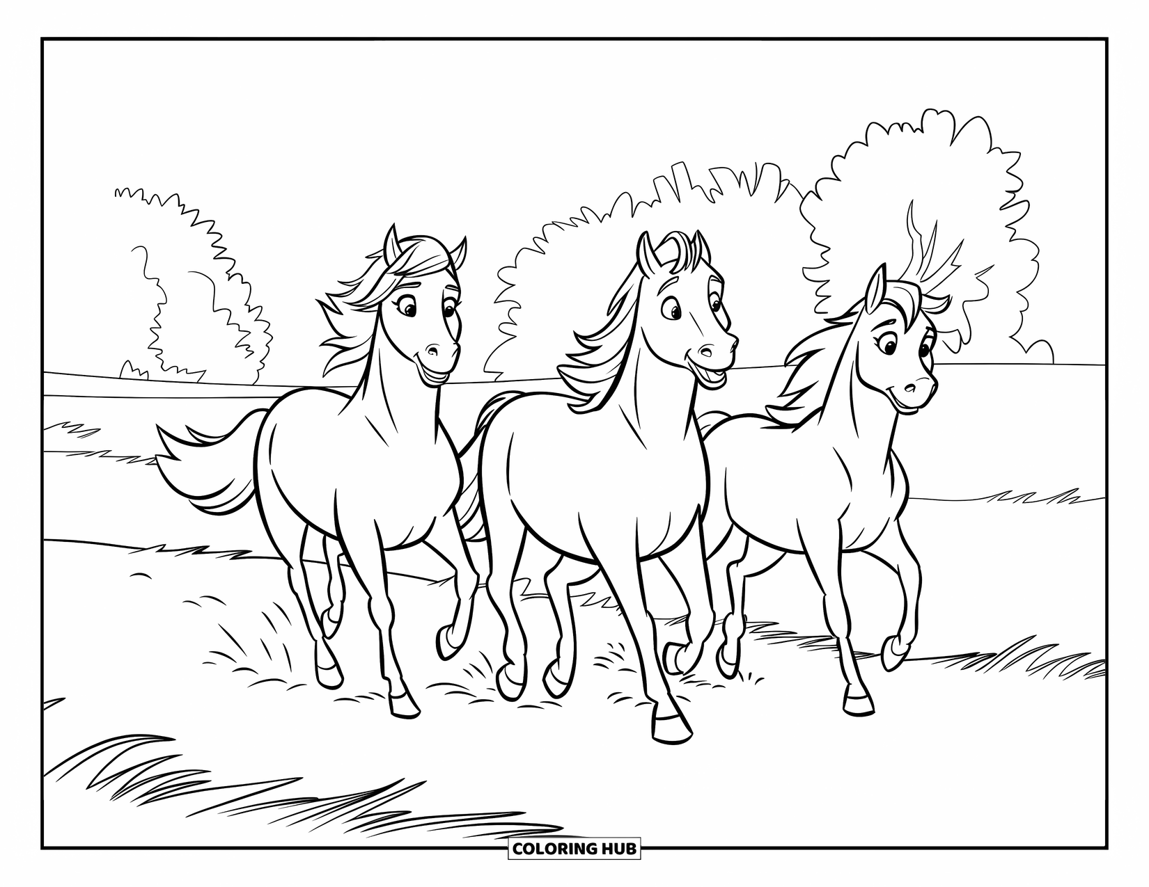 Horse Coloring Page for Kids: Three horses gallop together across a field with trees in the distance