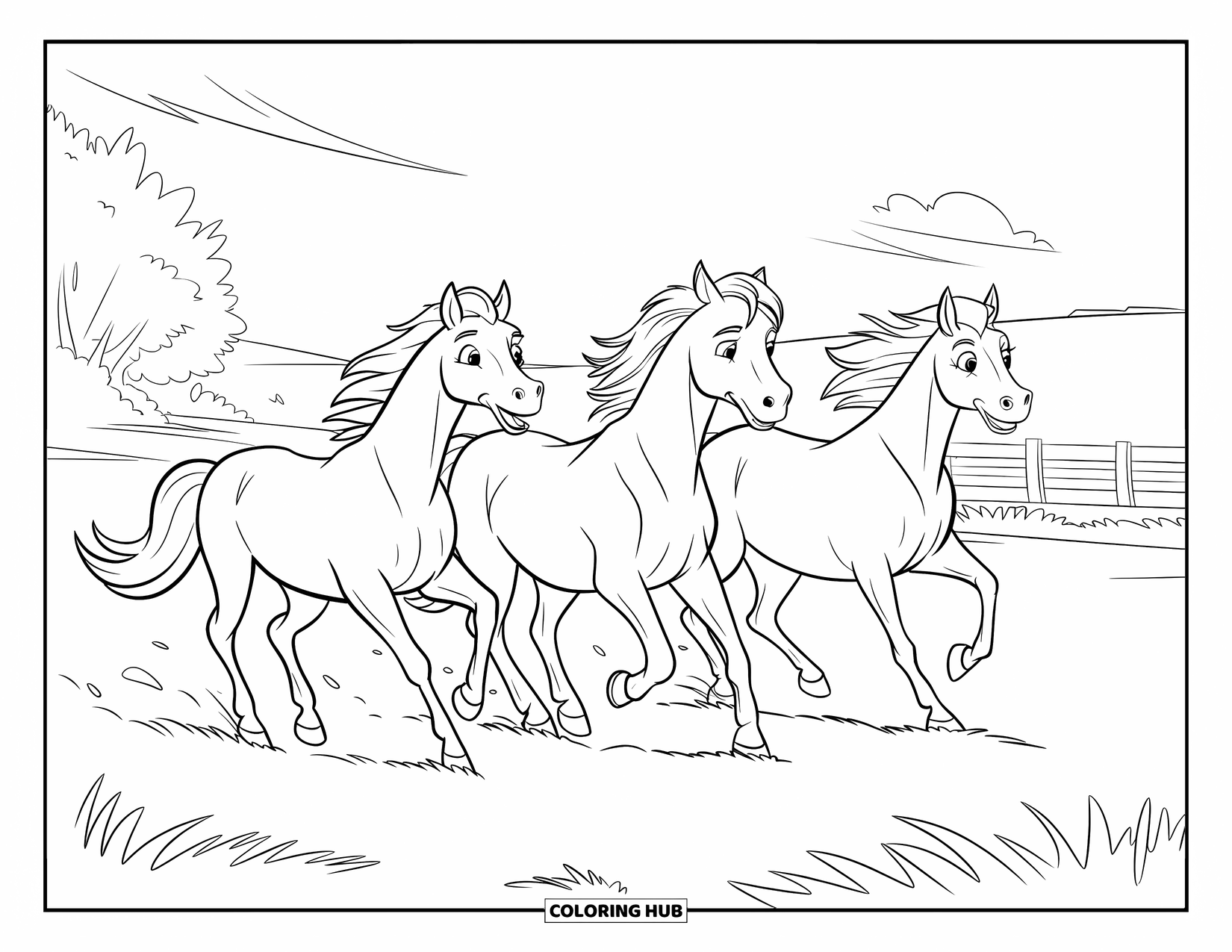 Horse Coloring Page for Kids: Three horses run side by side in an open field with trees