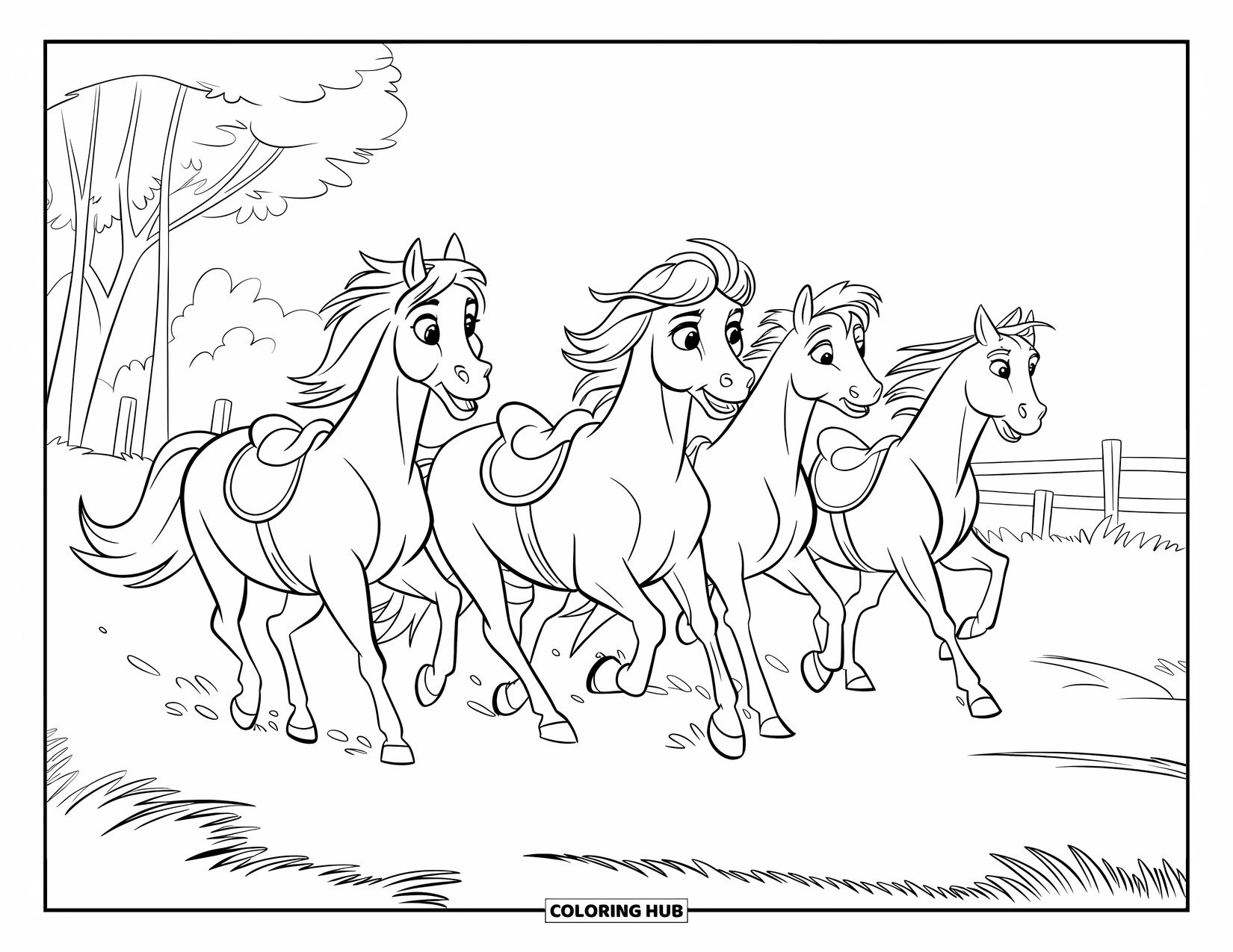 Horse Coloring Page for Kids: Three horses run together across a field with trees and a fence