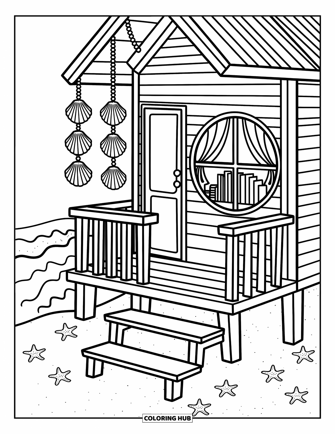 Huis Kleurplaat voor Volwassenen: Een strandhuis op palen met schelpen en een rond raam