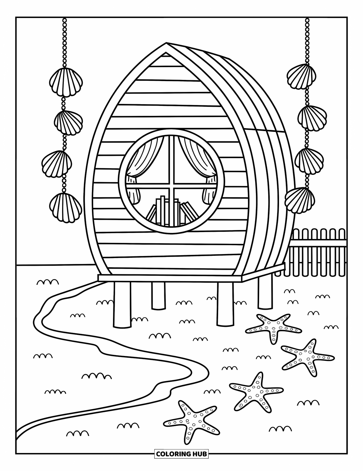 Huis Kleurplaat voor Volwassenen: Een strandhuis met een rond raam, windgong en zeesterren