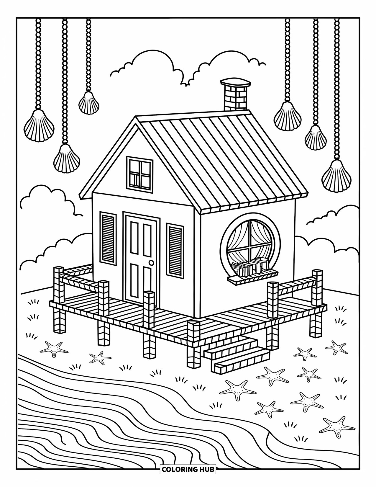 Huis Kleurplaat voor Volwassenen: Een strandhuis met windgong, een terras en schelpen
