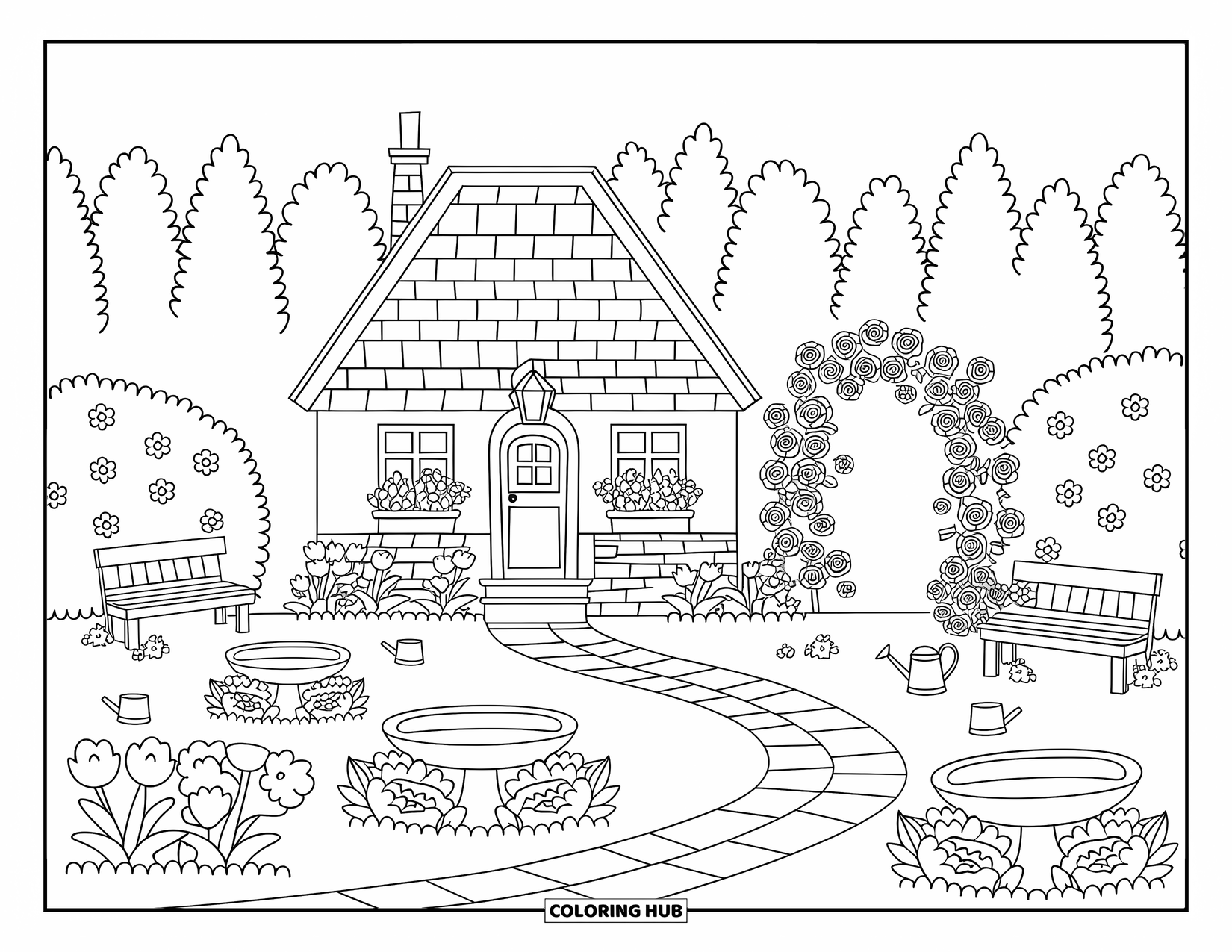 Huis Kleurplaat voor Volwassenen: Een charmant huisje met heggen, rozen en een stenen pad