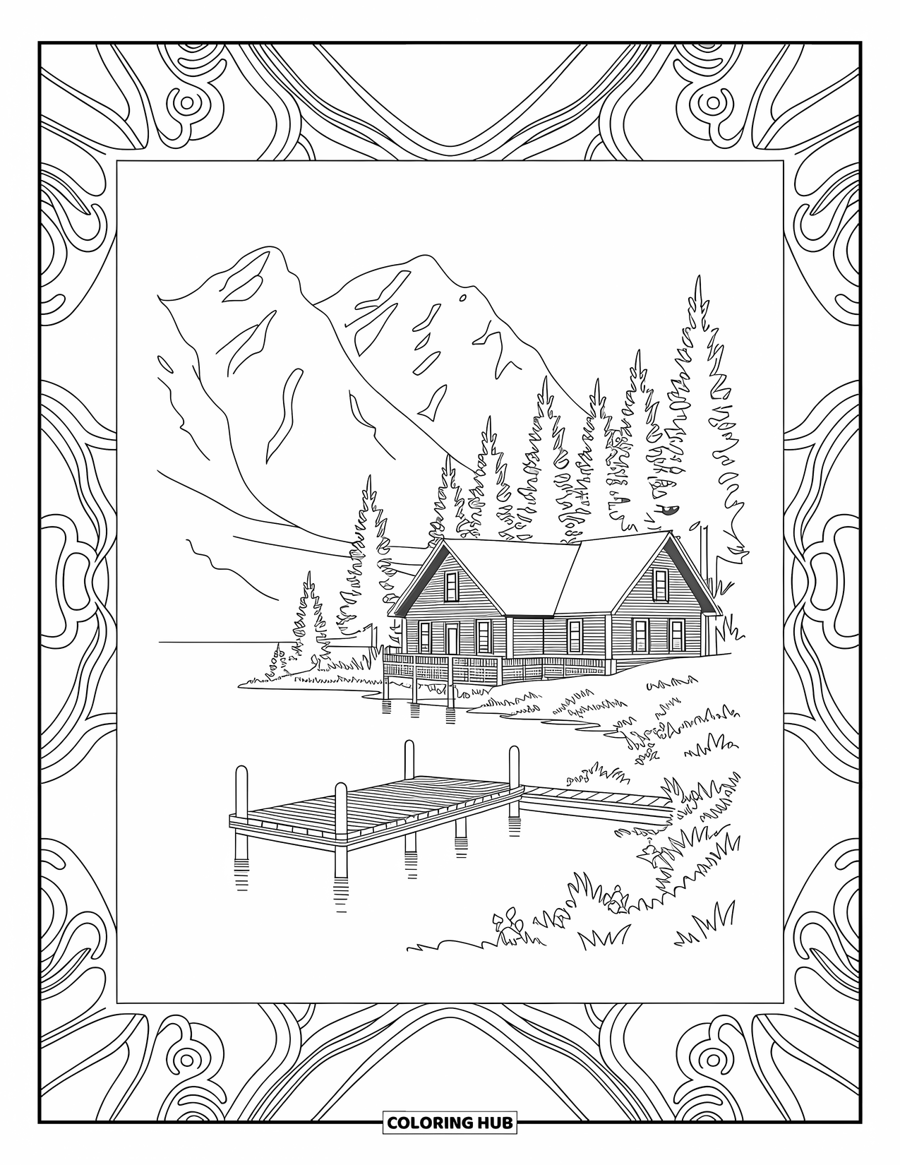 Huis Kleurplaat voor Volwassenen: Een gezellige hut aan een meer met dennenbomen en een houten pier