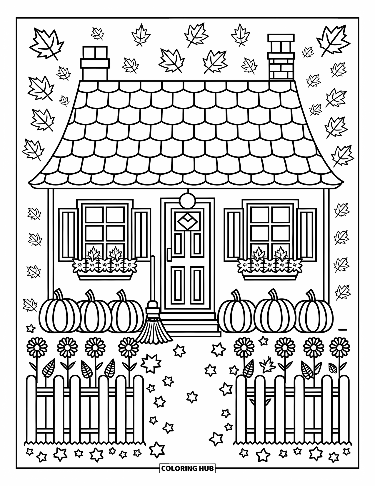 Huis Kleurplaat voor Volwassenen: Een gezellig huisje met pompoenen, zonnebloemen en een houten hek