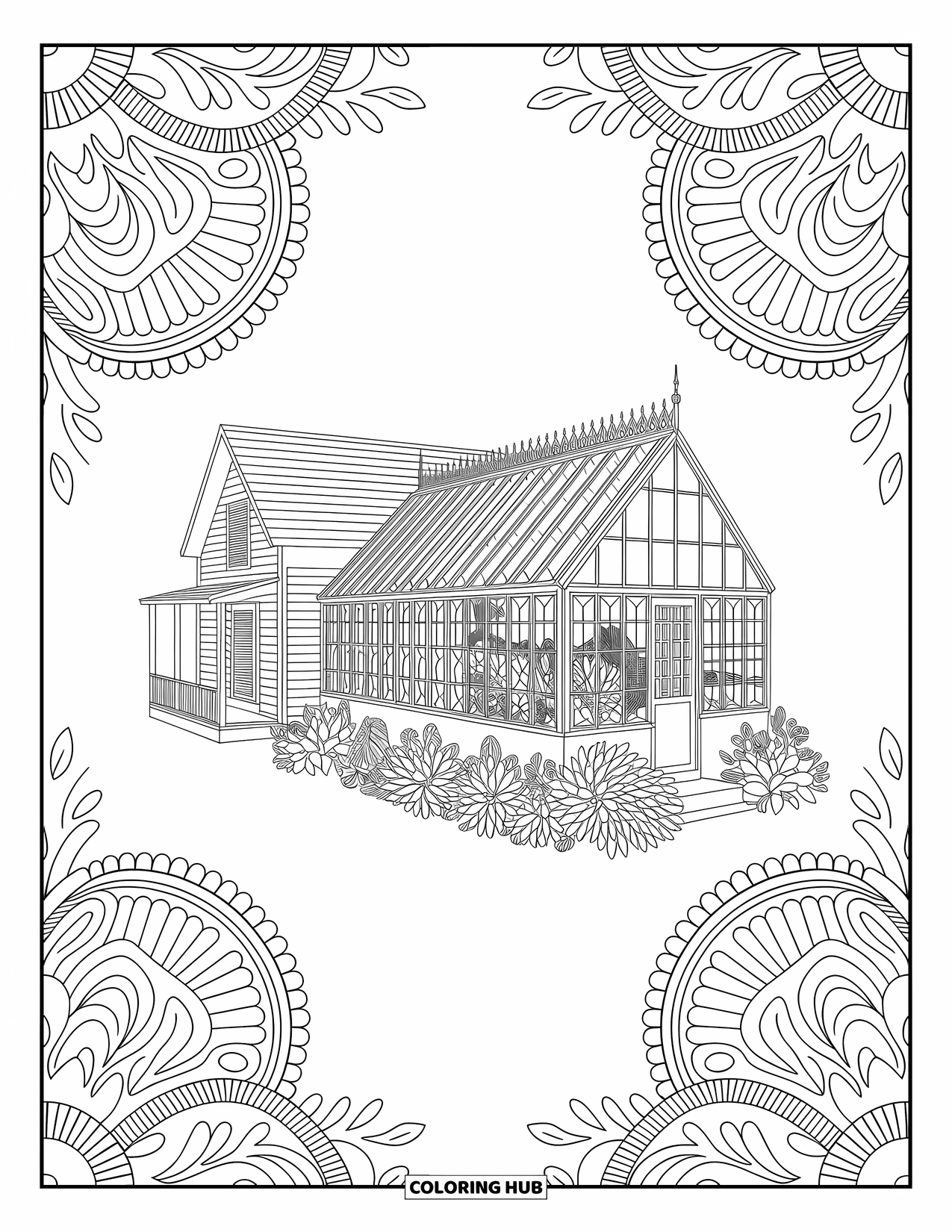 Huis Kleurplaat voor Volwassenen: Een gezellige kas met planten, filigraanpatronen en elegante details