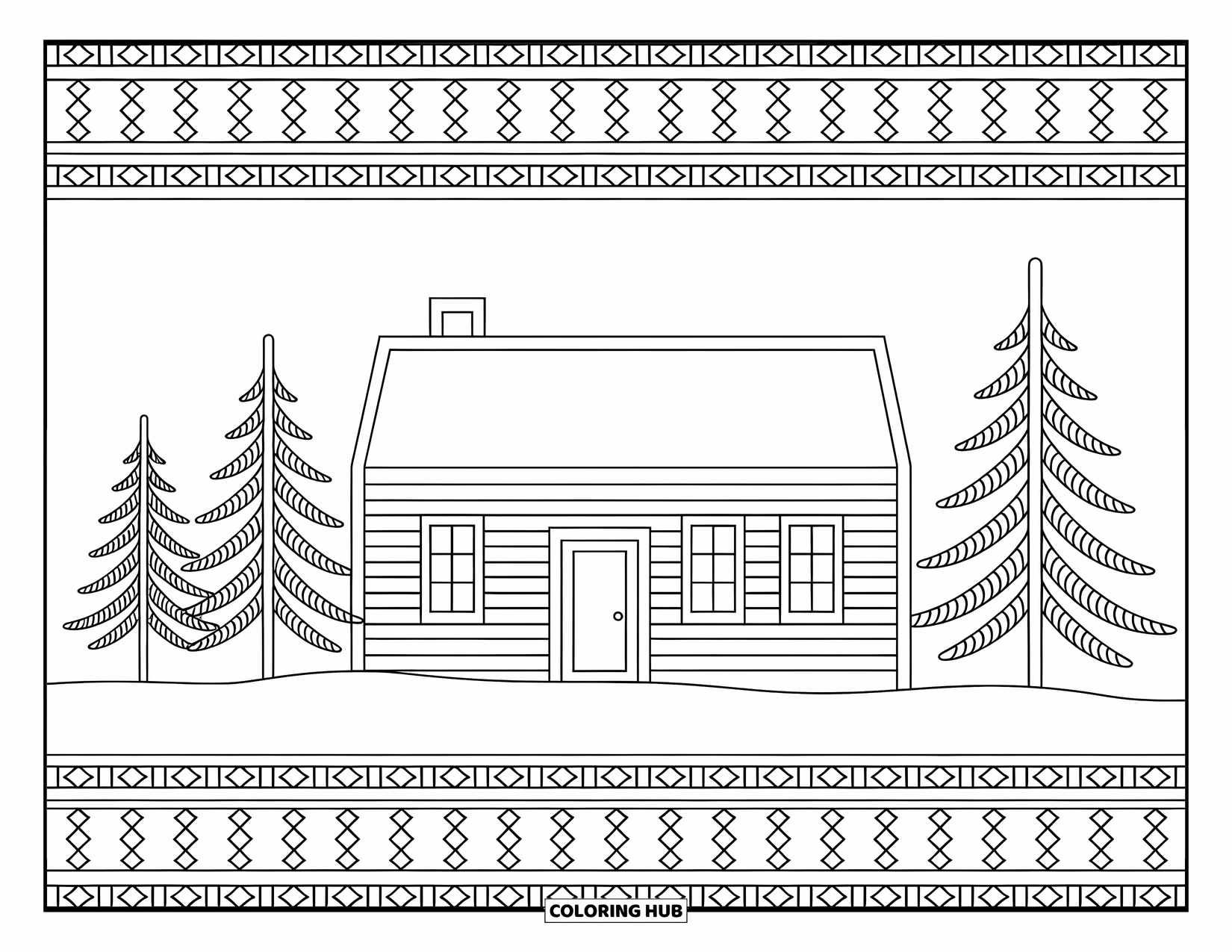 Huis Kleurplaat voor Volwassenen: Een gezellig huis met besneeuwde bomen, een open haard en ingewikkelde patronen