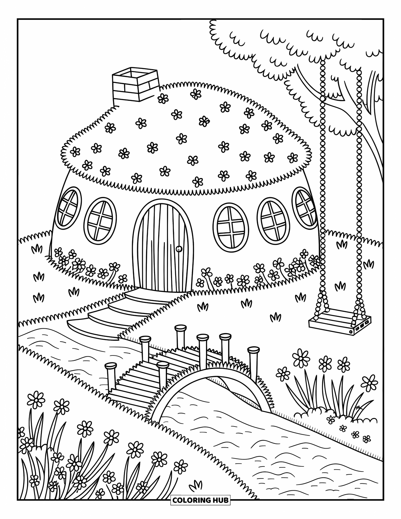 Huis Kleurplaat voor Volwassenen: Een gezellig rond huis met bloemen, een brug en een schommel
