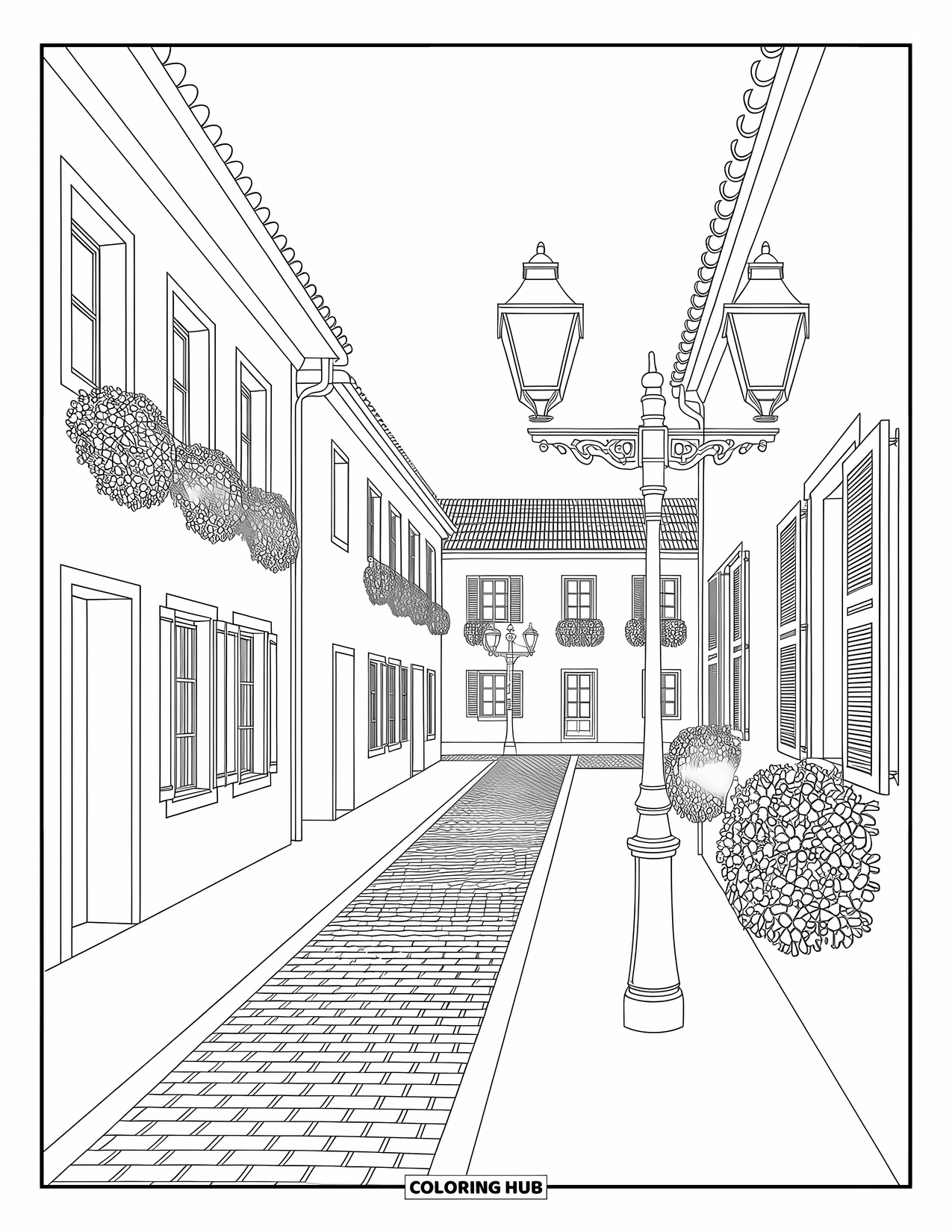 Huis Kleurplaat voor Volwassenen: Een gezellige straat met keien, bloembakken en straatlantaarns