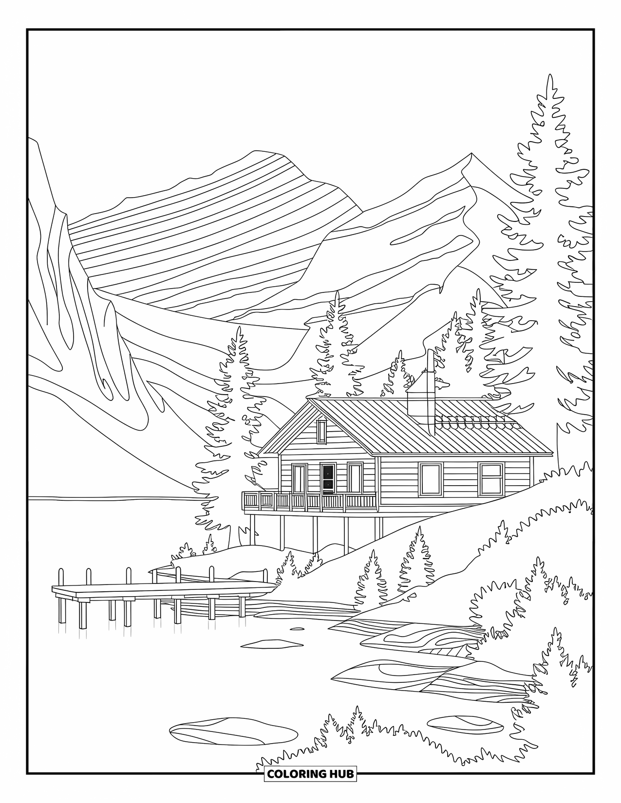 Huis Kleurplaat voor Volwassenen: Een berghut aan een meer met dennenbomen en een kleine pier